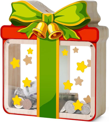 Wooden Christmas Piggy Bank for Kids, Gift Box Piggy Bank with Acrylic Panels