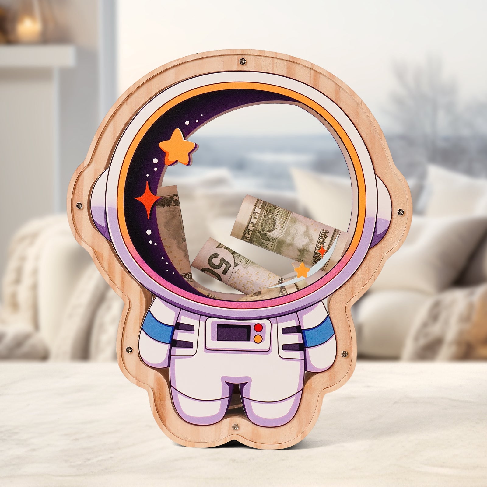 Wooden Astronaut Piggy Bank for Kids – Transparent Acrylic Money Box, Real Wood Space-Themed Coin Bank Gift