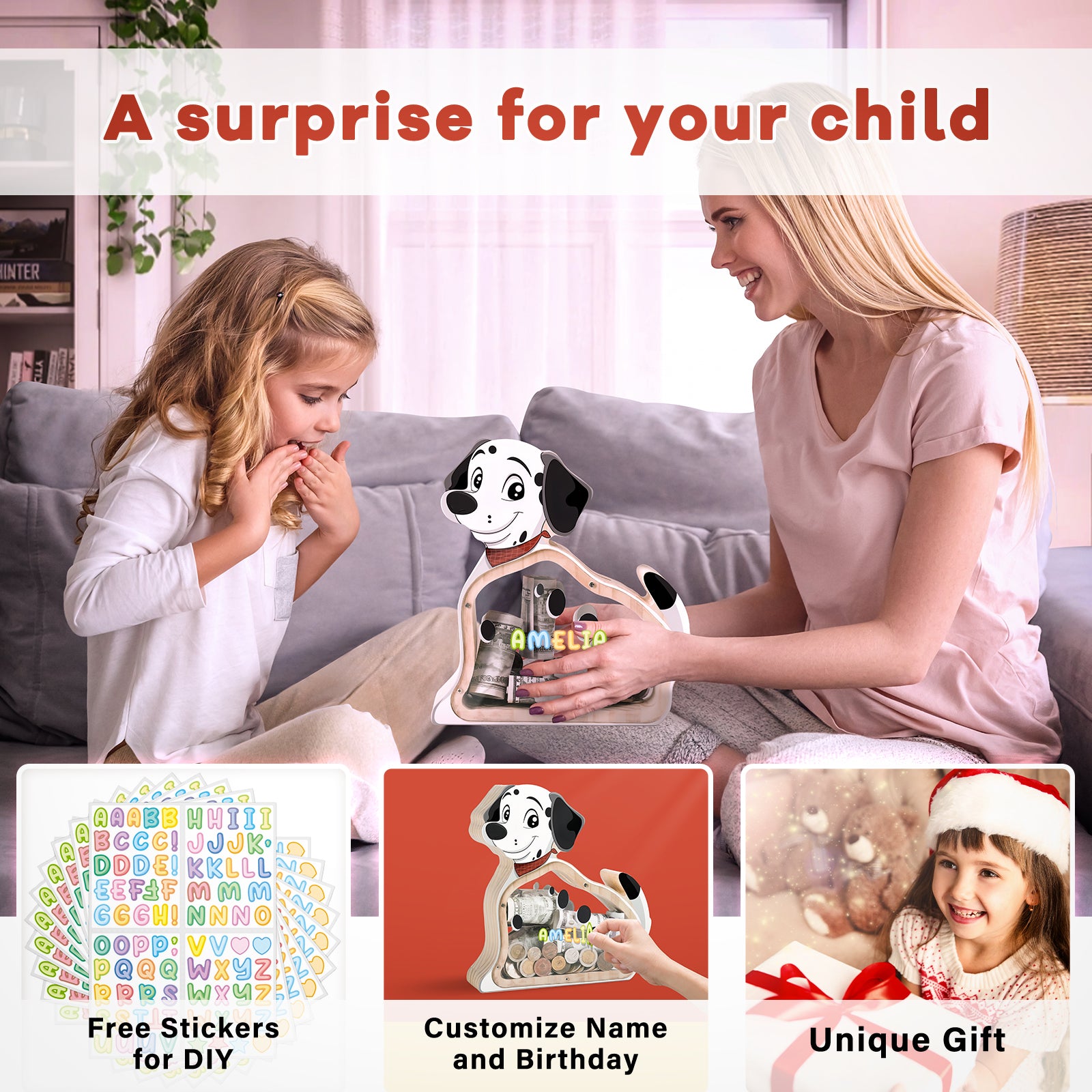 Wooden Dog Piggy Bank - Spotted Savings Fun with Personalization Stickers