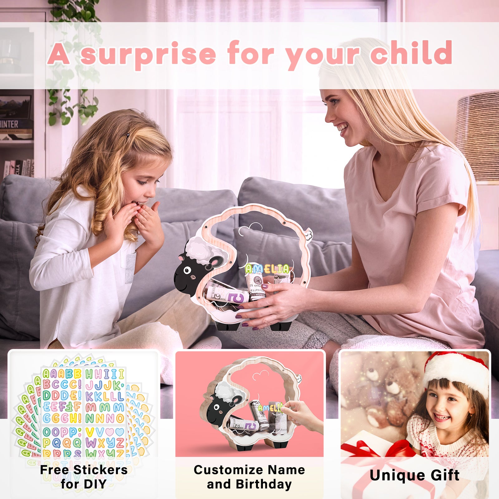 Double-Sided Clear Sheep Wooden Coin Bank – Cute & Educational Gift for Kids and Families