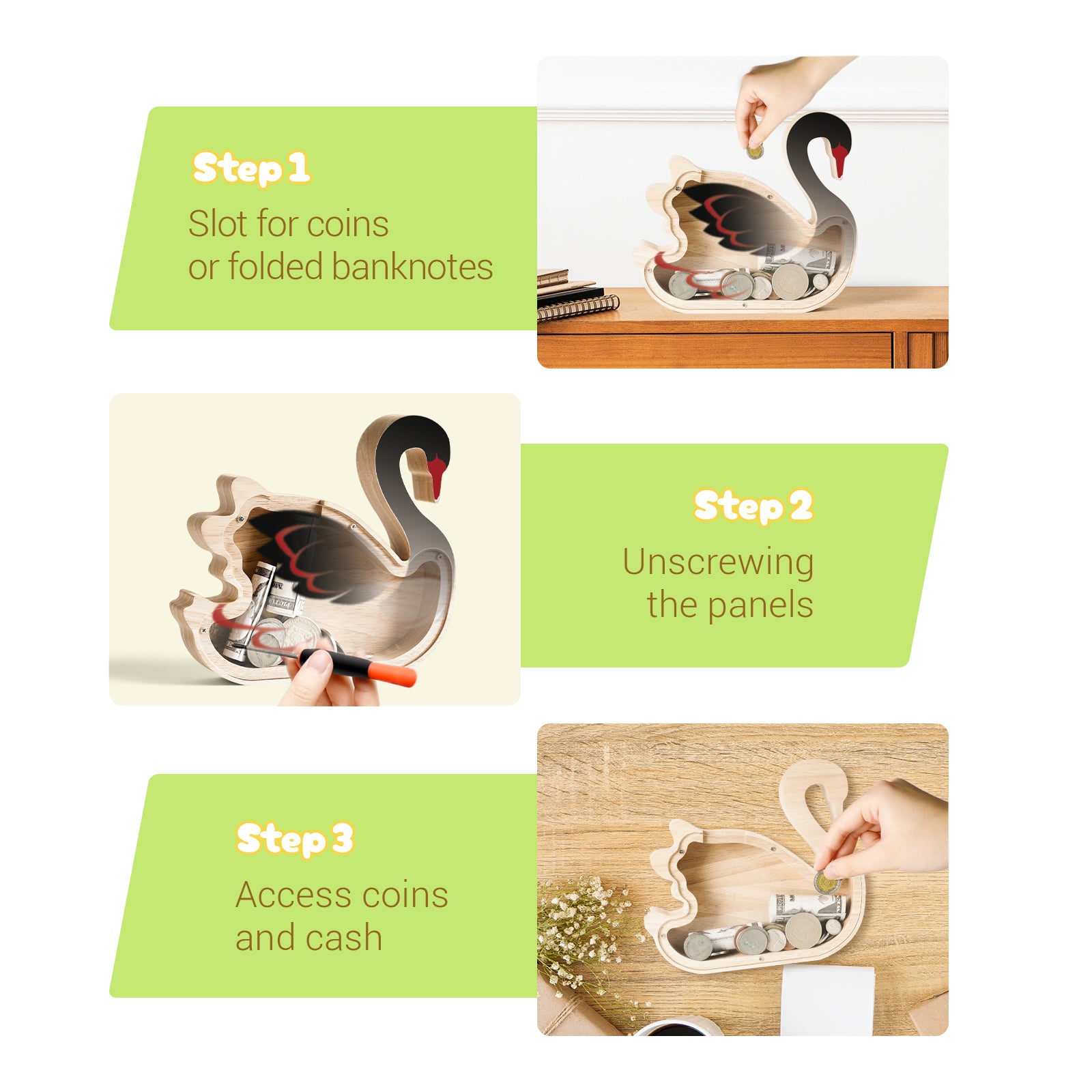 Elegant Black Swan Wooden Coin Bank – Single-Sided Acrylic Design, Decorative Gift for Kids & Families