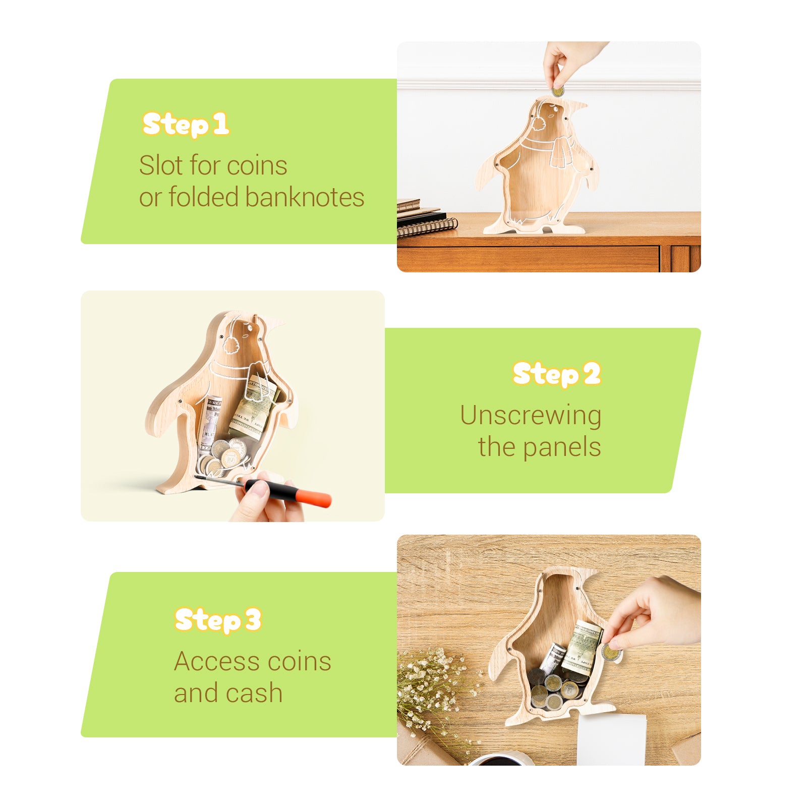 Wooden Penguin Piggy Bank: Animal Style, Indestructible, Great Gift