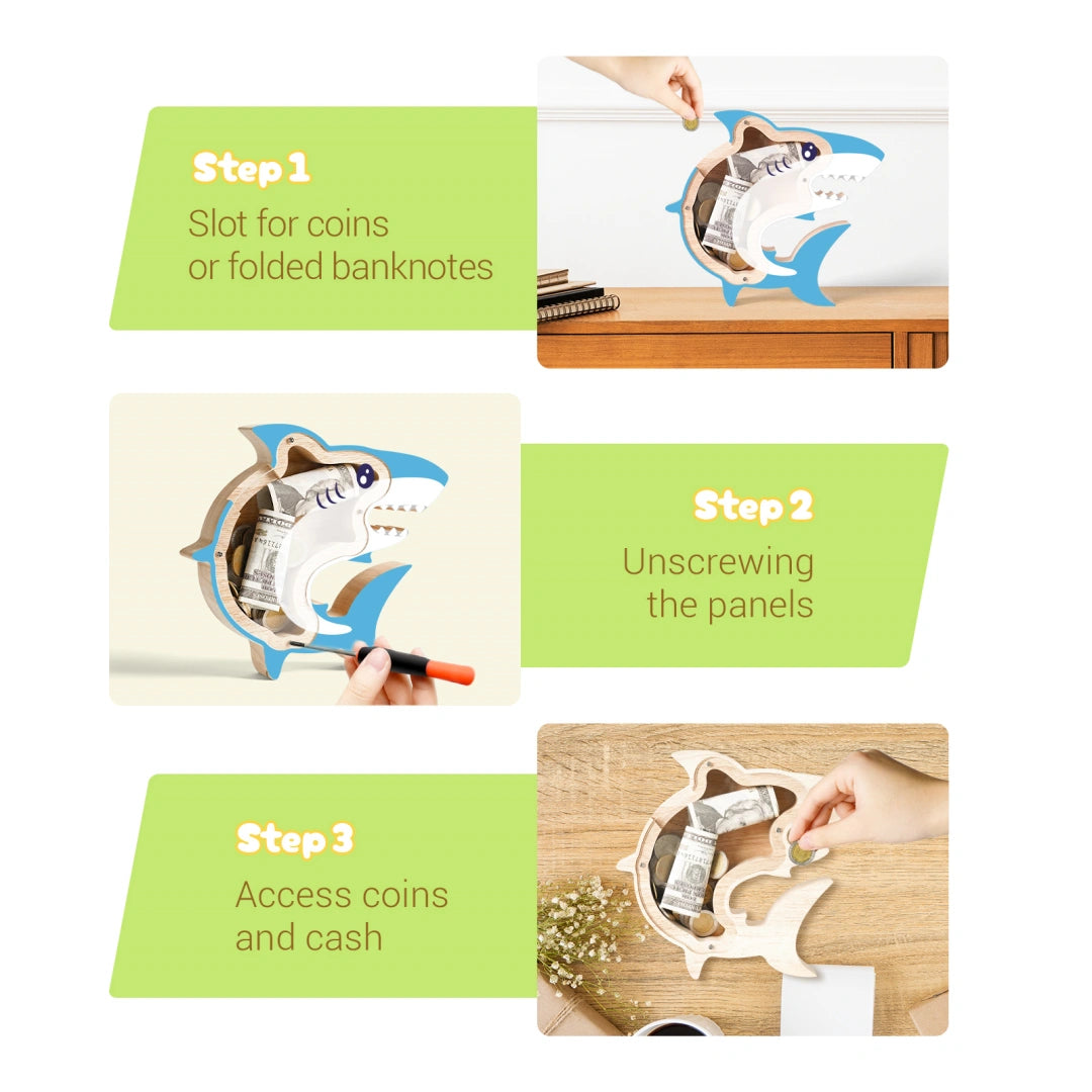 Wooden Shark Piggy Banks for Kids, Adorable Shark Piggy Bank with Acrylic Panels, Unbreakable Toddler Money Box for Boys Girls, Cute Saving Coin Jar for Birthday, Décor