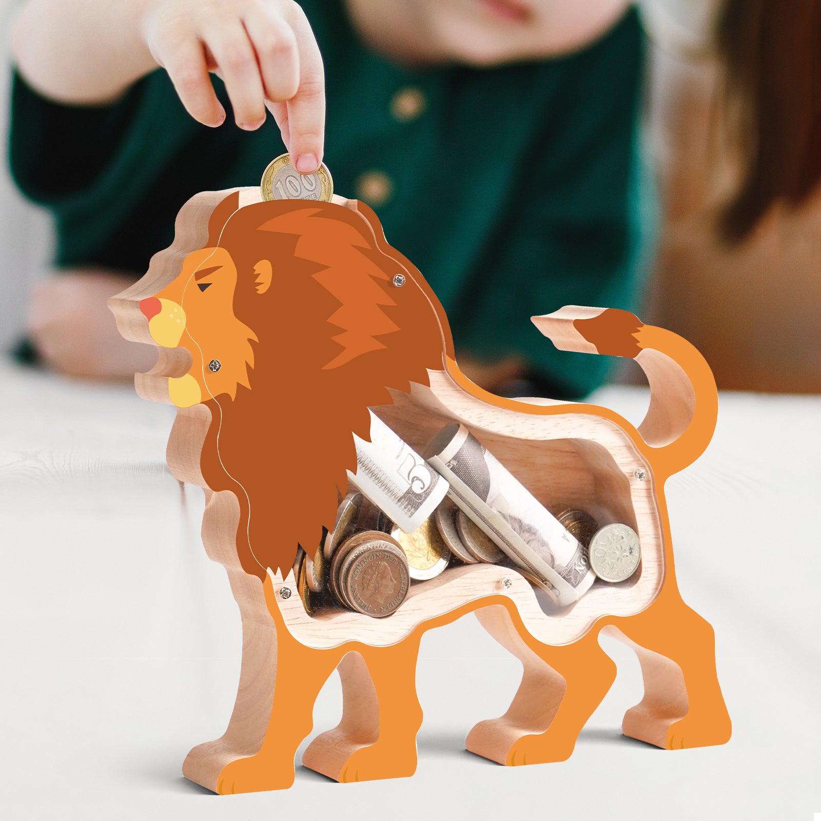 Wooden Lion Piggy Bank for Kids, Lion Piggy Bank with Acrylic Panels