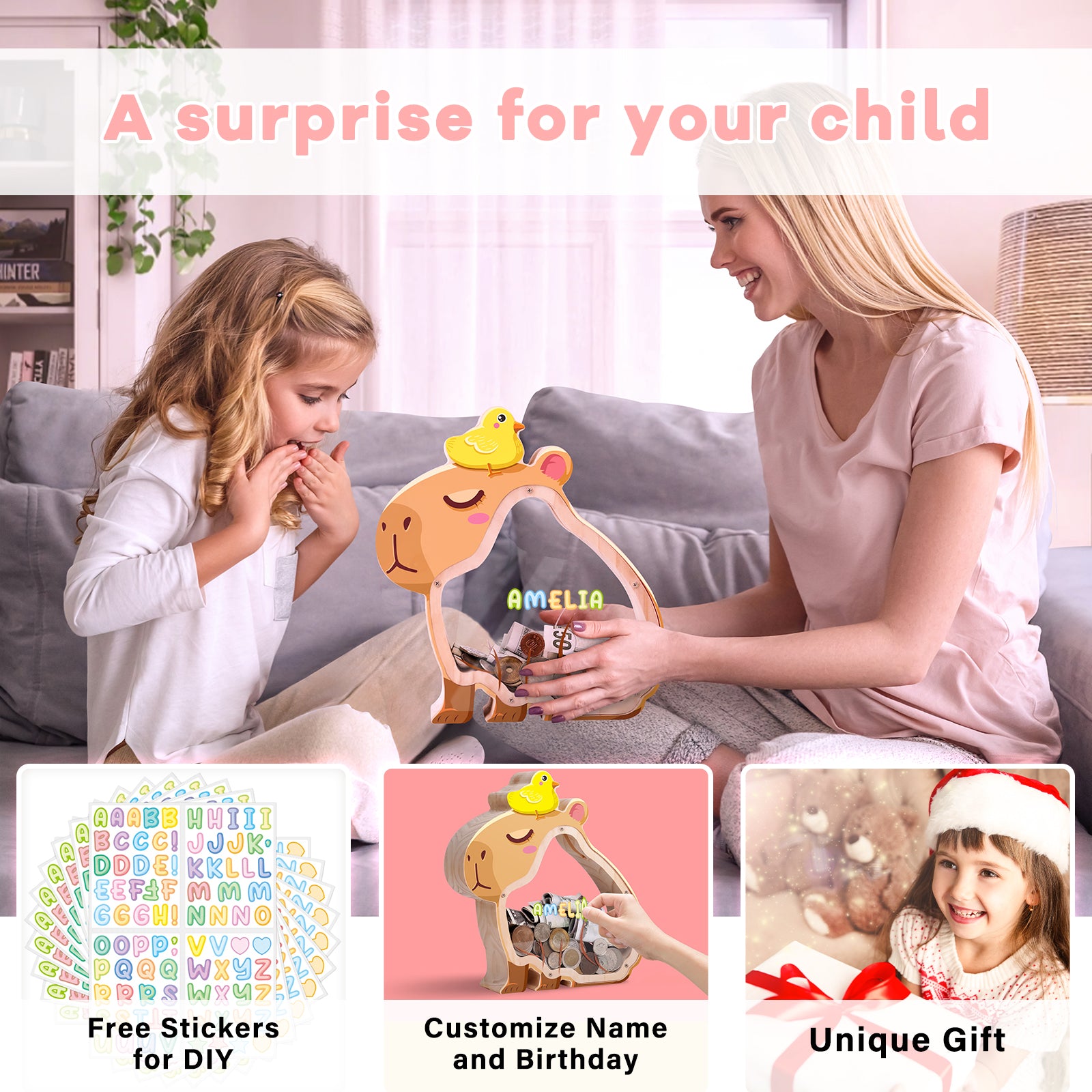 Capybara Money Bank – Double-Sided Transparent Coin Bank for Kids