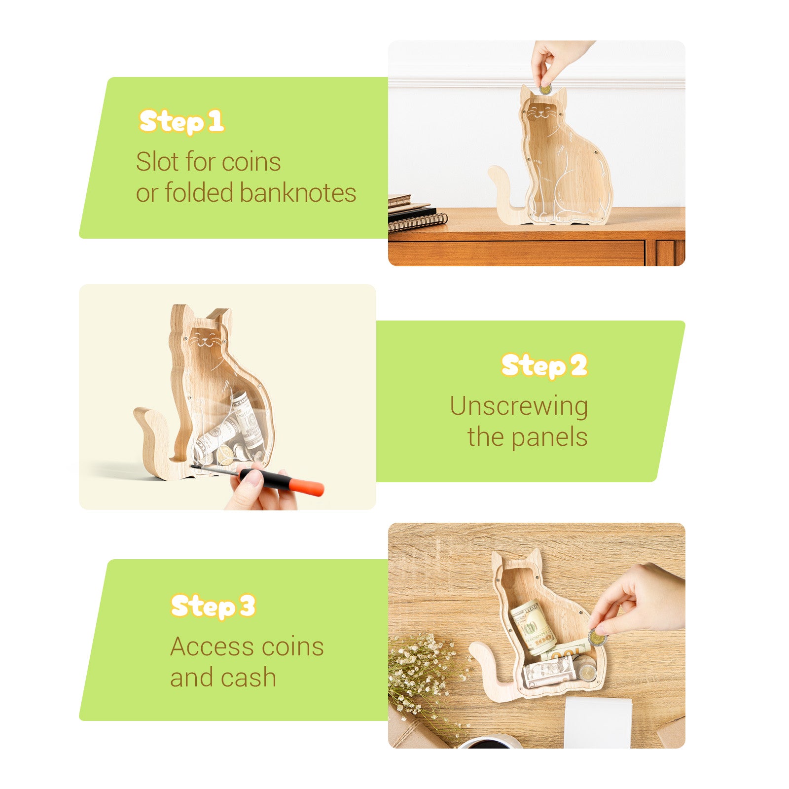 Wooden Cat Piggy Bank: Animal Style, Indestructible, Perfect Gift