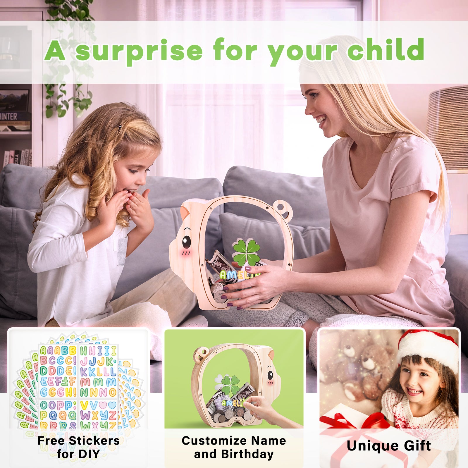 Wooden Piggy Bank - Classic Money Keeper with Modern Transparent Design