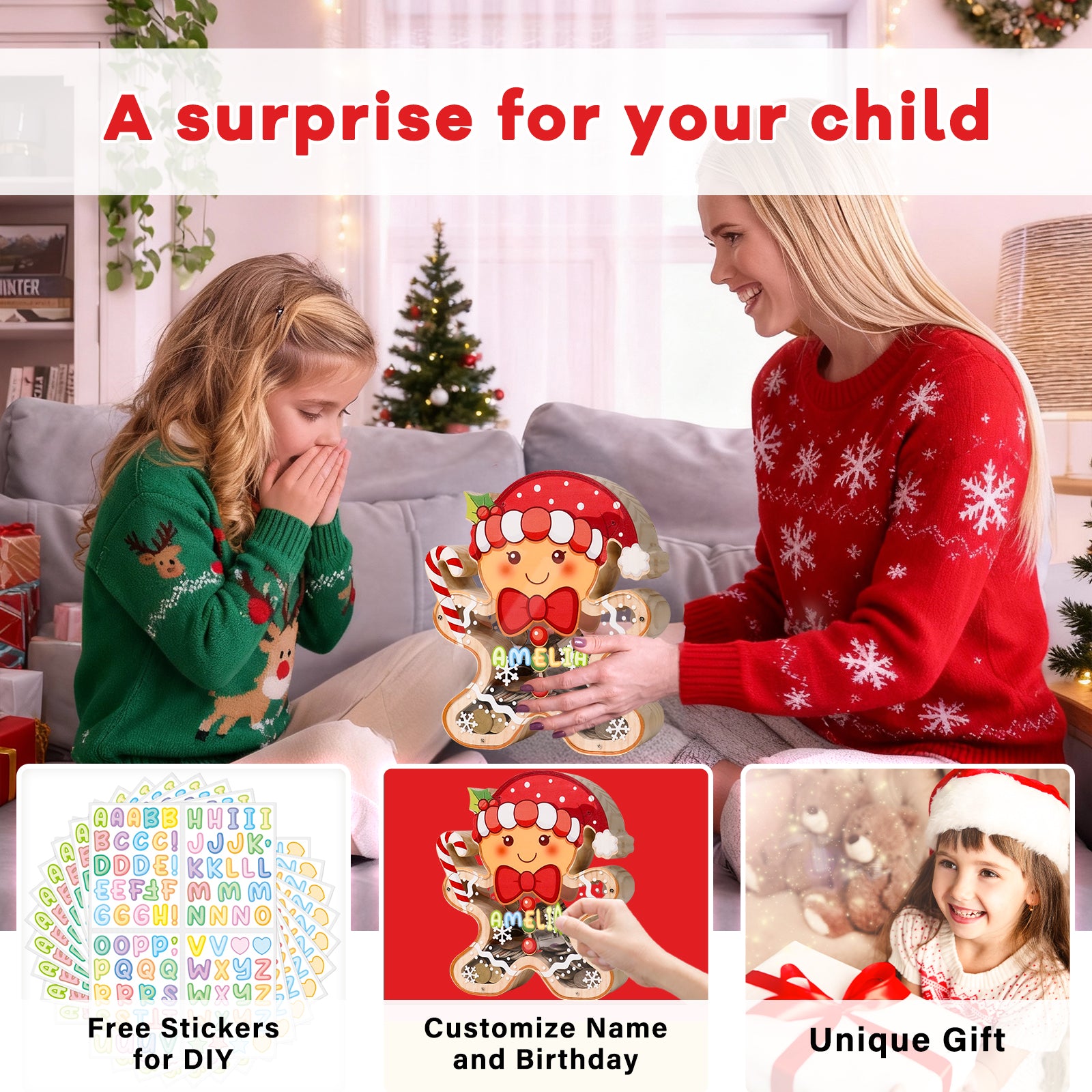 Wooden Christmas Piggy Bank for Kids, Gingerbread Man Money Bank