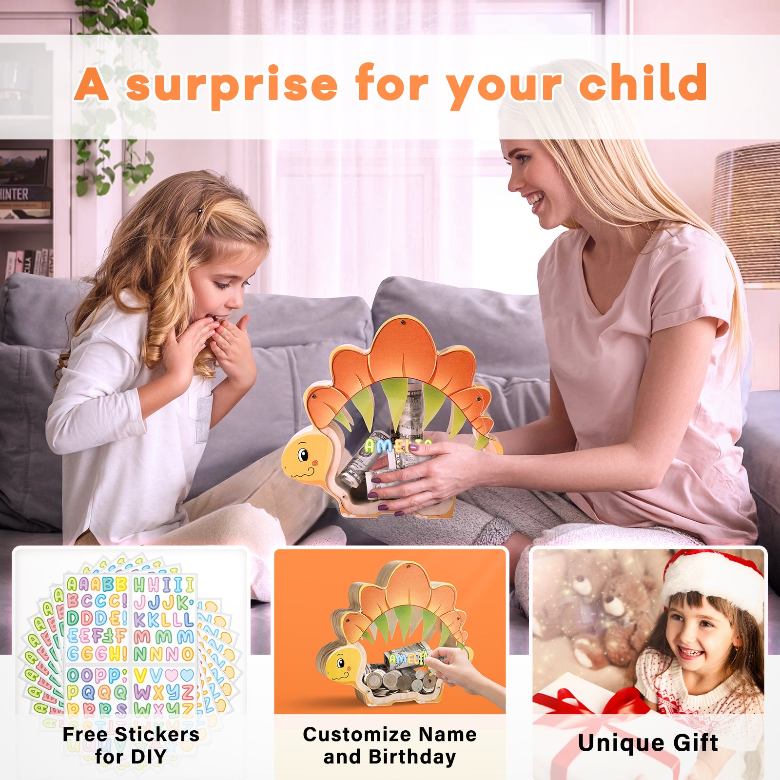 Wooden Stegosaurus Piggy Bank - Prehistoric Savings Fun with Personalization Stickers