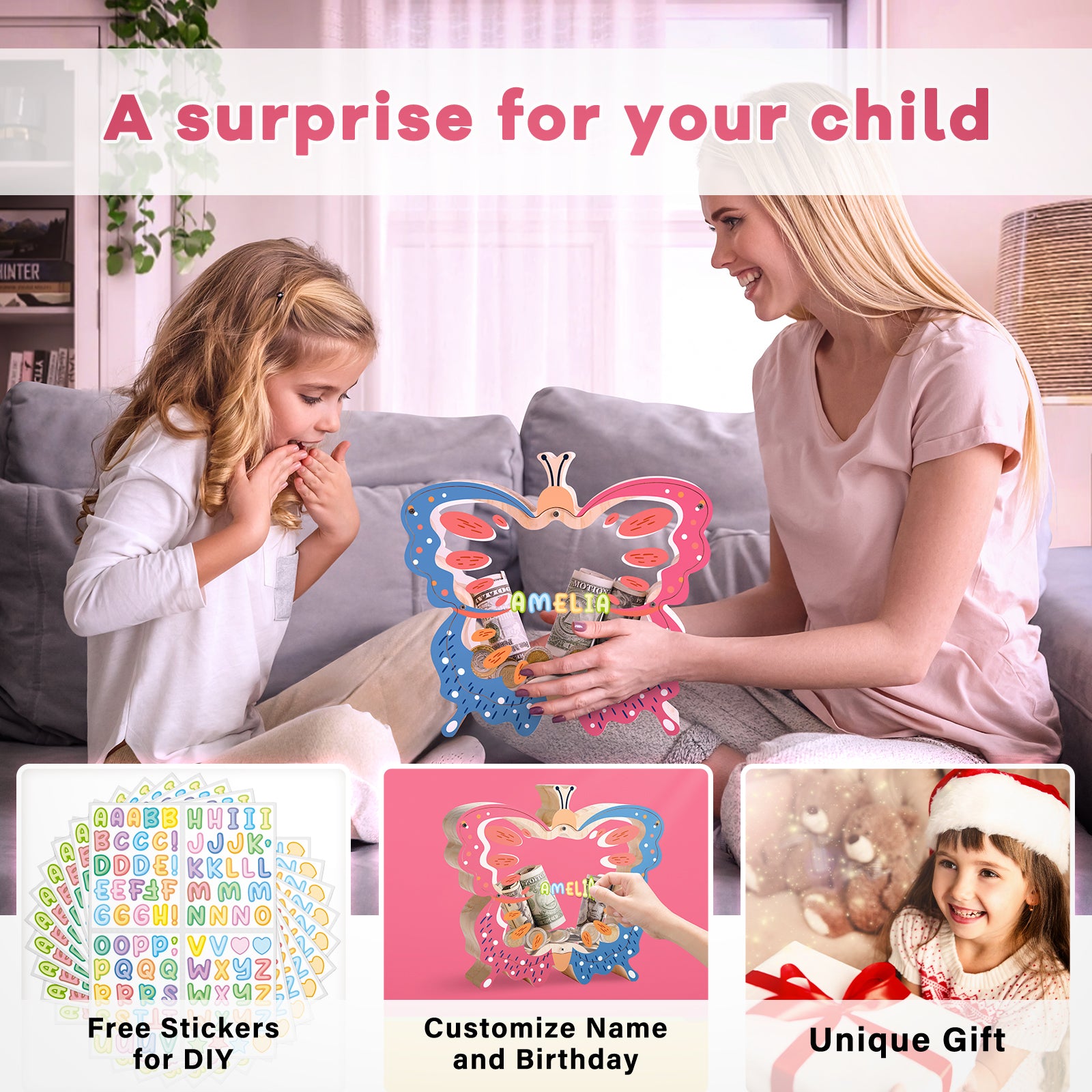 Butterfly Transparent Wooden Coin Bank – Double-Sided Acrylic Design, Whimsical Gift for Kids & Families