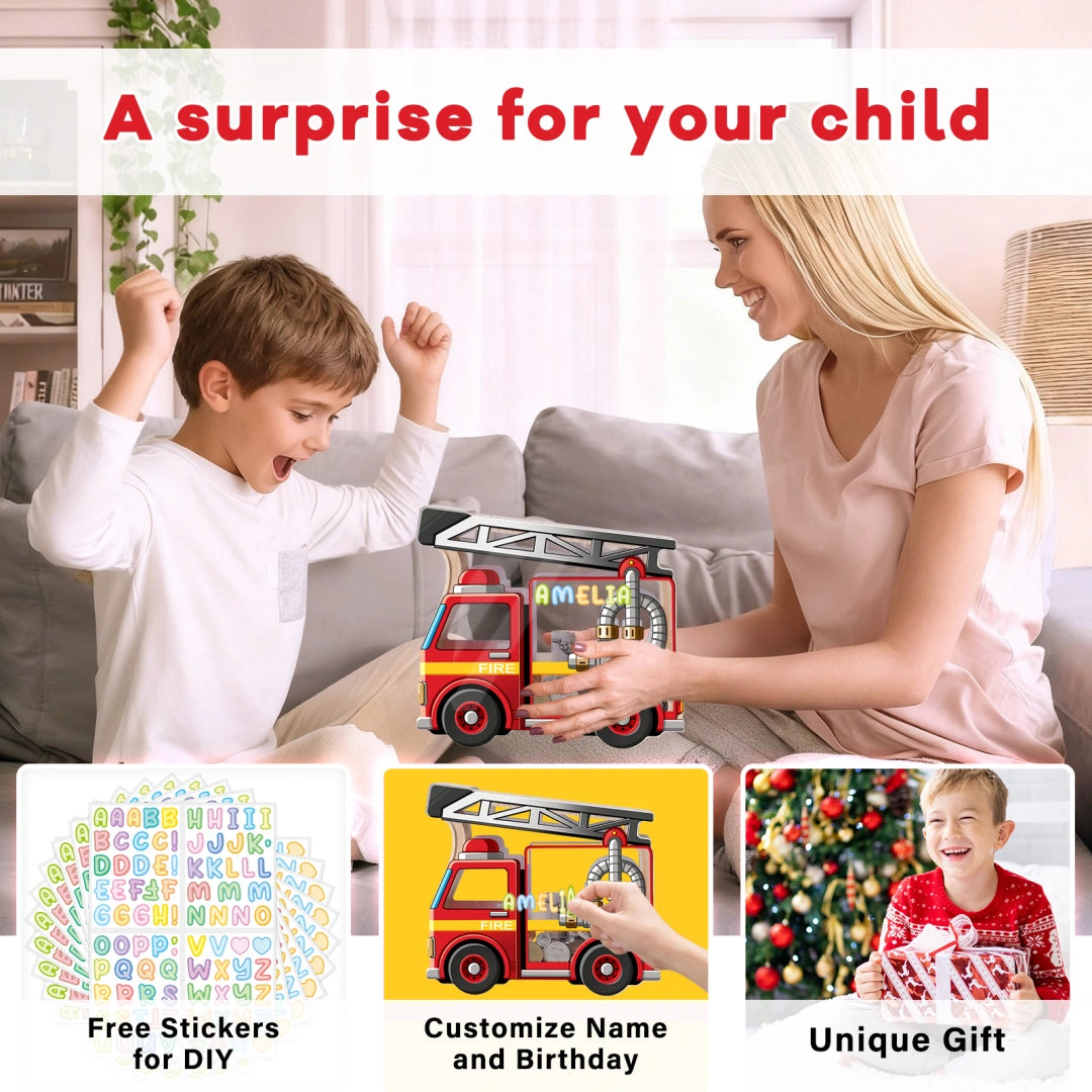 Wooden Piggy Bank for Kids, Fire Truck Piggy Bank with Acrylic Panels, Unbreakable Toddler Money Box for Boys and Girls, DIY Kids Safe Coin Box with Letter Sticker, Birthday Gift Visit the Uniwooder Store