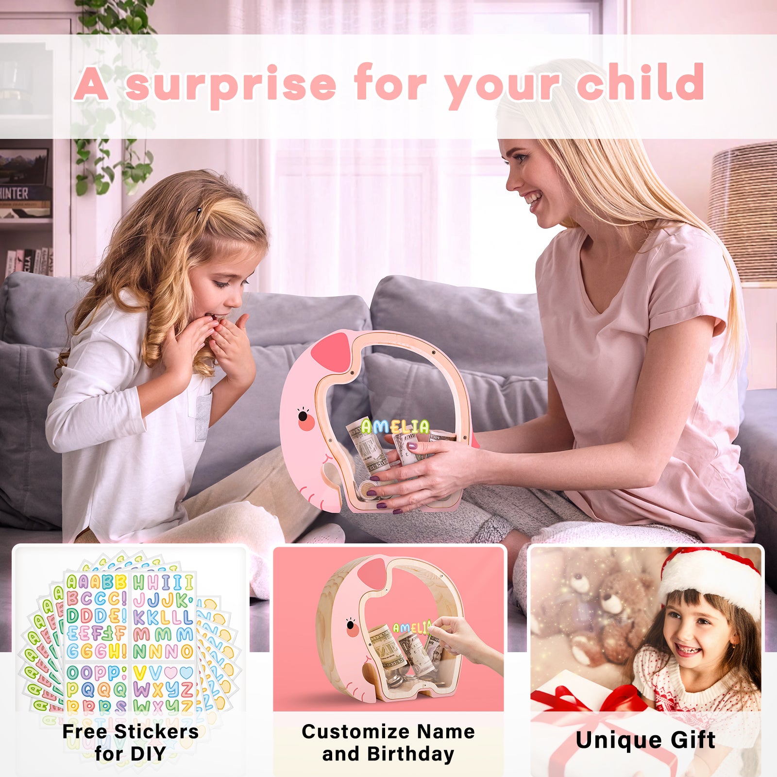 Wooden Elephant Piggy Bank - Adorable Dual-View Coin Keeper with Personalization Stickers