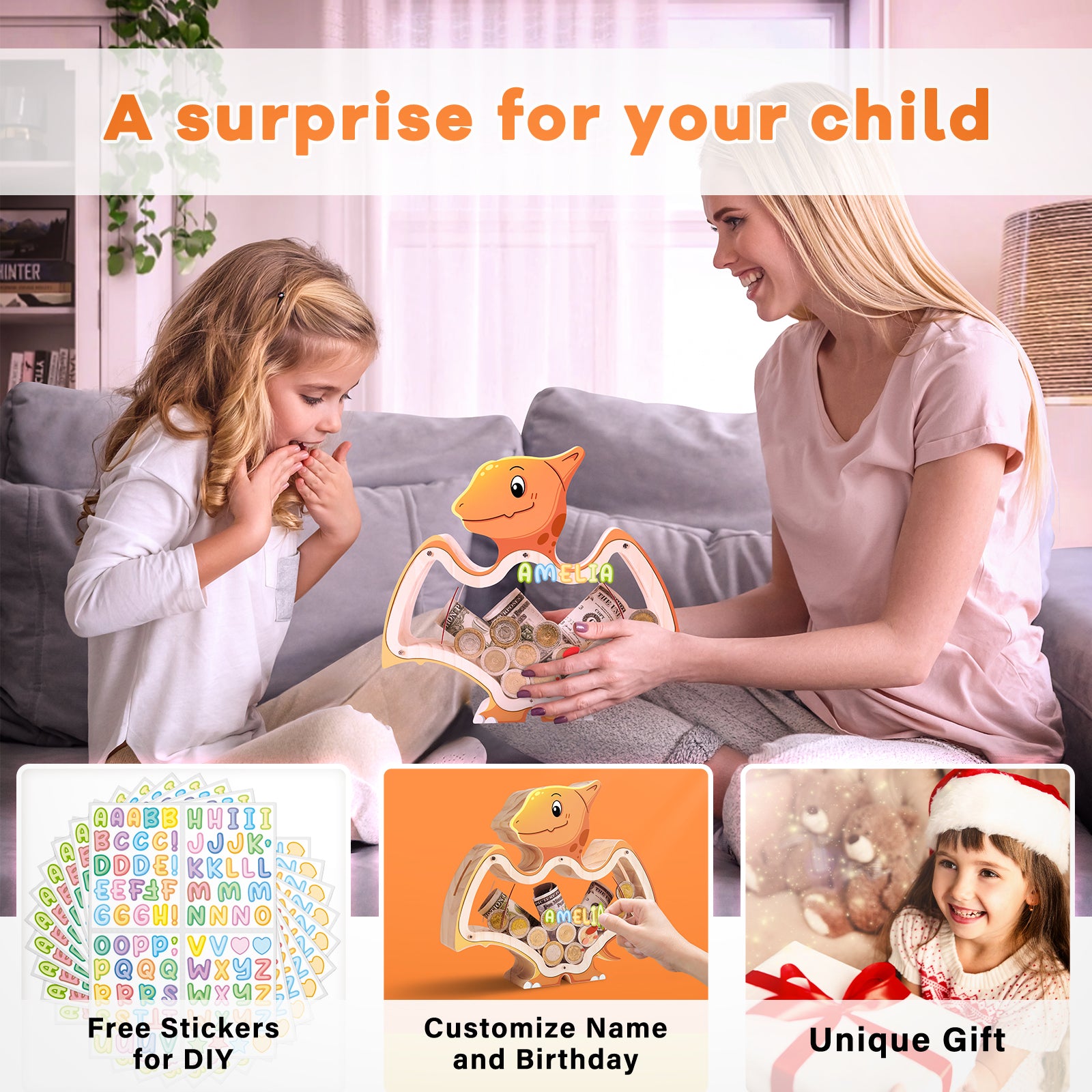 Wooden Pterosaur Piggy Bank: Prehistoric Savings Adventure for Dino Lovers