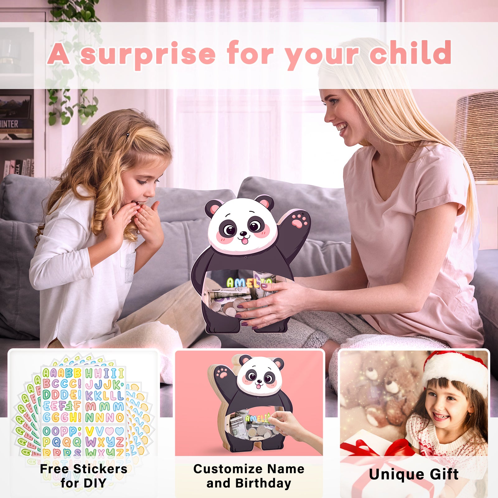 Cute Panda Wooden Transparent Piggy Bank