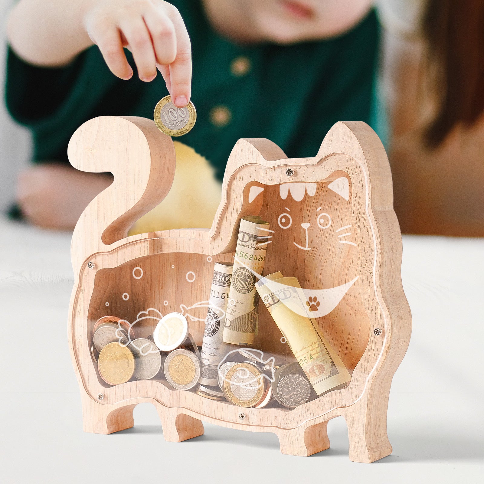 Wooden Cat Piggy Bank: Animal Style, Indestructible, Perfect Gift