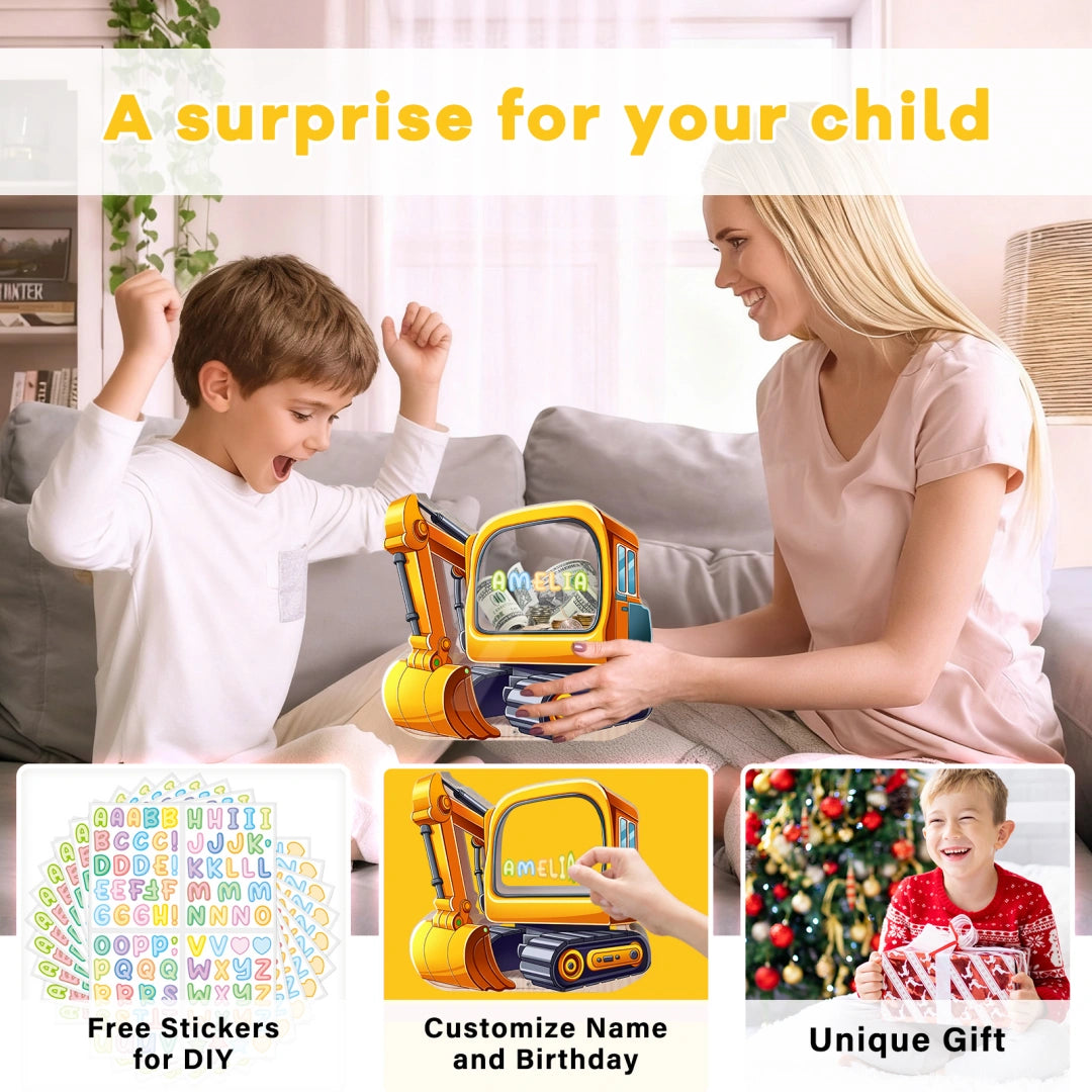Wooden Excavator Piggy Bank for Kids,Tracked Excavator Money Box,Unbreakable Toddler Saving Coin Jar,Educatinal Toy for Boys Girls, Kids Coin Bank with Letter Sticker for Birthday,Christmas