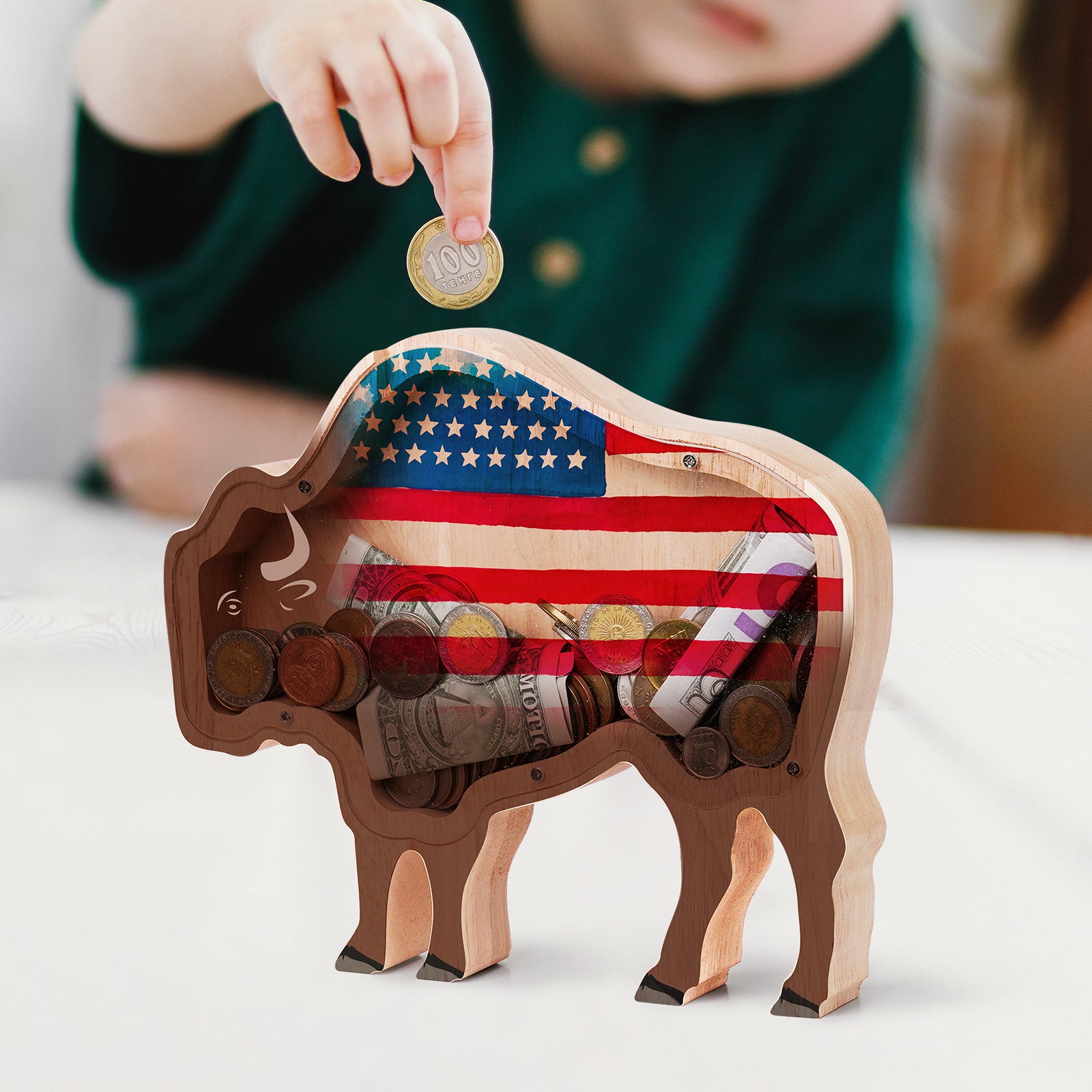 Wooden Bison Piggy Bank – Fun & Safe Money Box for Kids & Bull Lovers