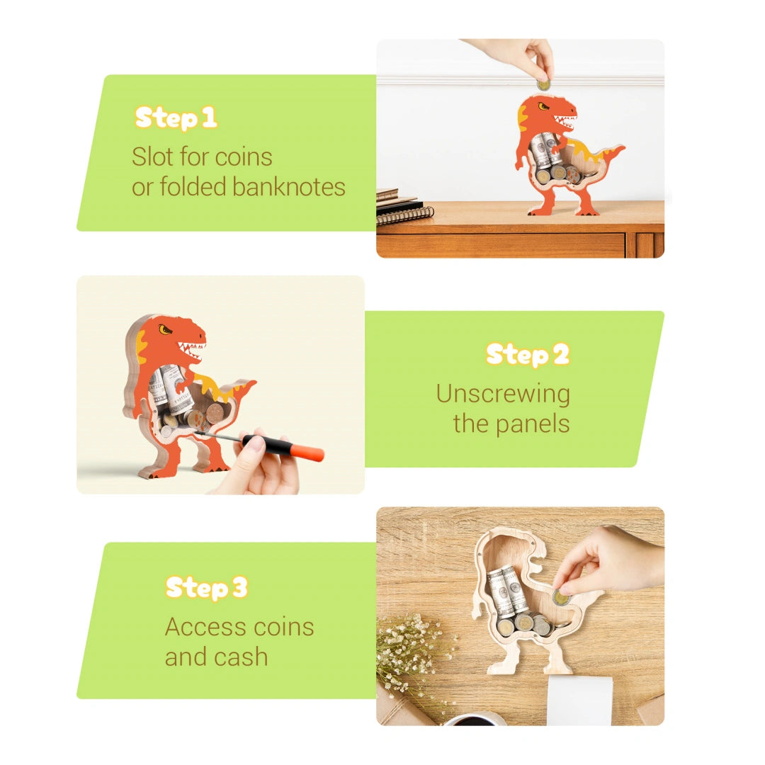 Wooden Dinosaur Piggy Banks for Kids, T-Rex Unbreakable Coin Bank with Acrylic Panels, Toddler Dino Money Bank for Boys Girls, Large Saving Coin Jar for Birthday, Christmas Décor