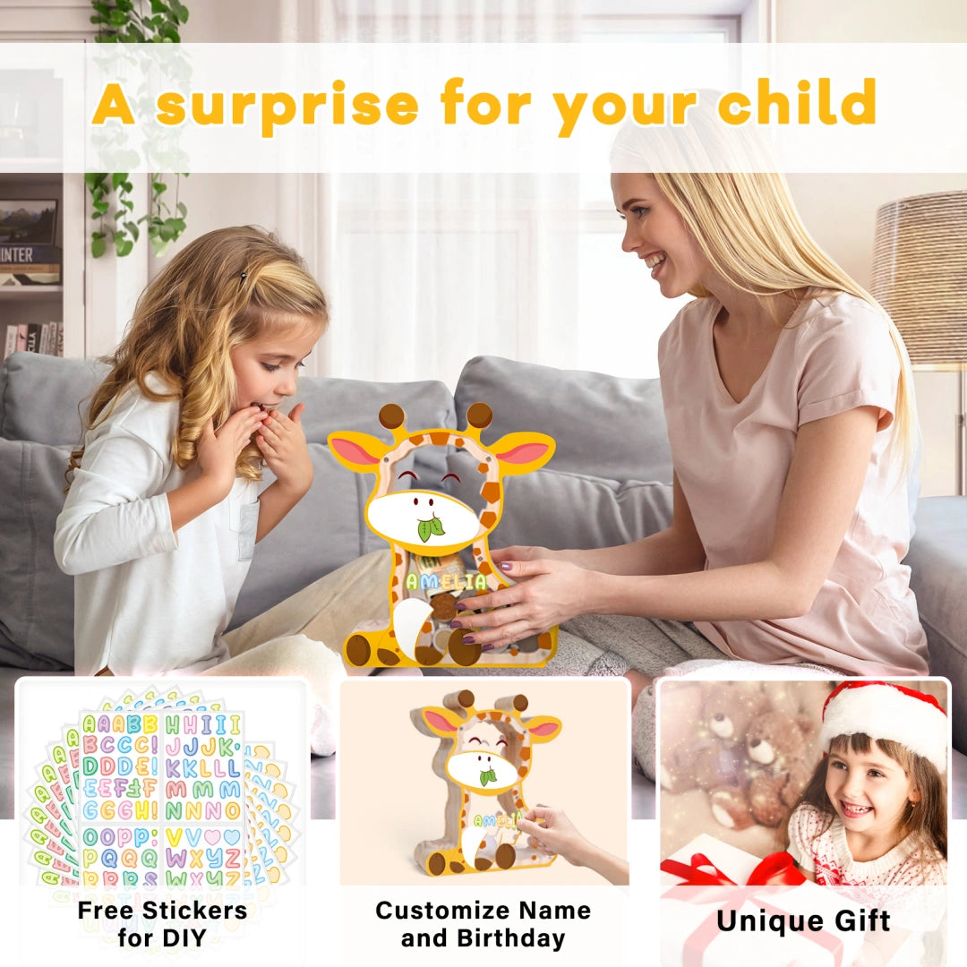 Wooden Giraffe Piggy Bank for Kids – Transparent Acrylic Money Box
