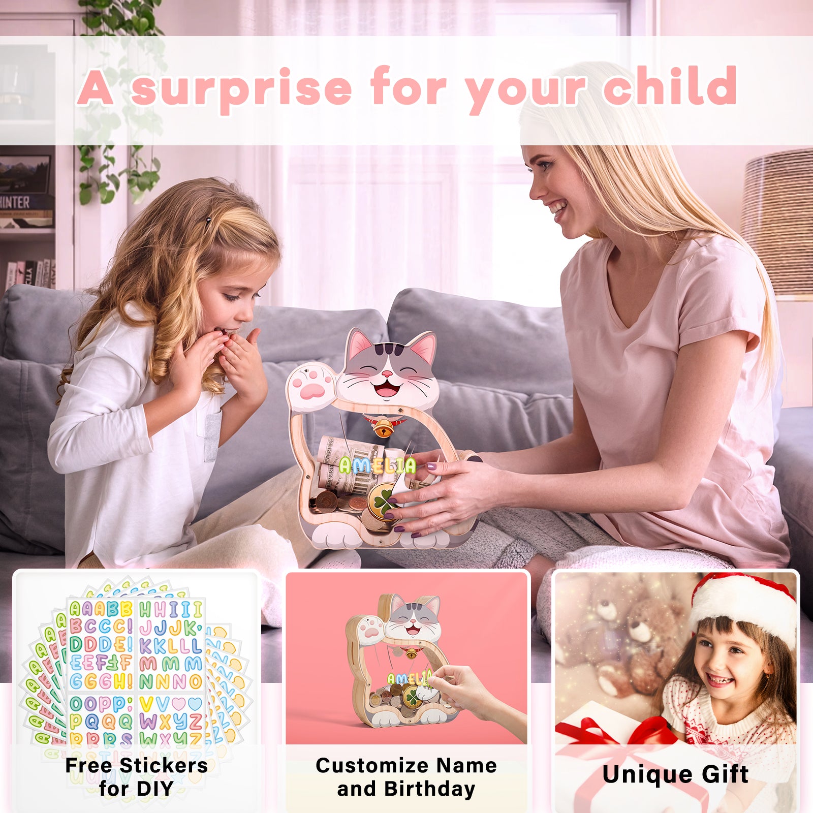 Cat Piggy Bank - Adorable Dual-View Money Box with Personalization Stickers