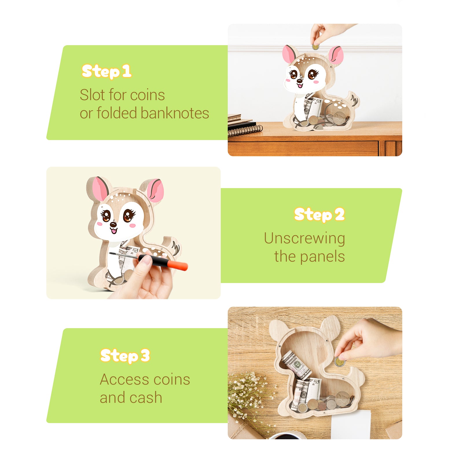 Wooden Deer Coin Bank with Clear Front – Cute Single-Sided Piggy Bank for Kids & Families