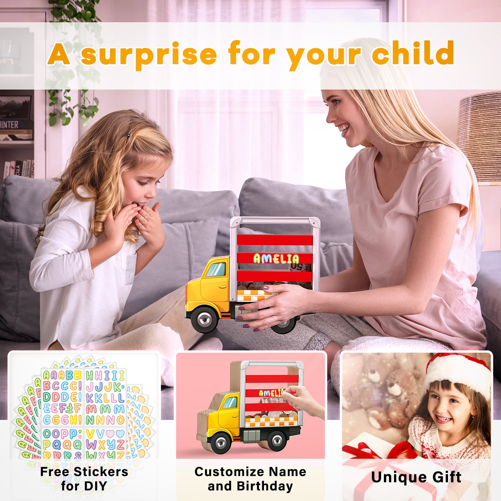 Wooden Truck Coin Bank with Double Transparent Sides – Fun & Durable Piggy Bank for Kids