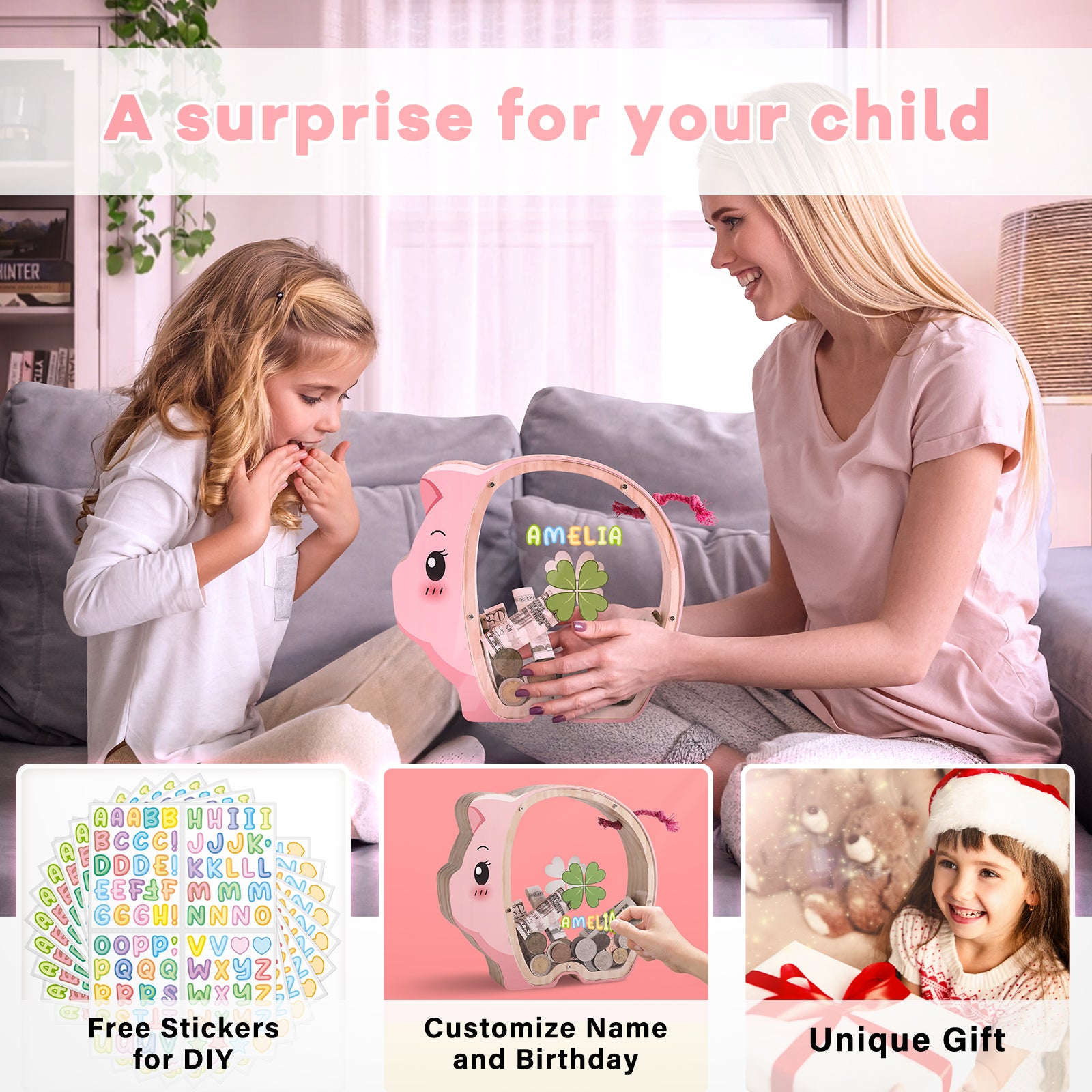 Wooden Piggy Bank - Classic Money Keeper with Modern Transparent Design