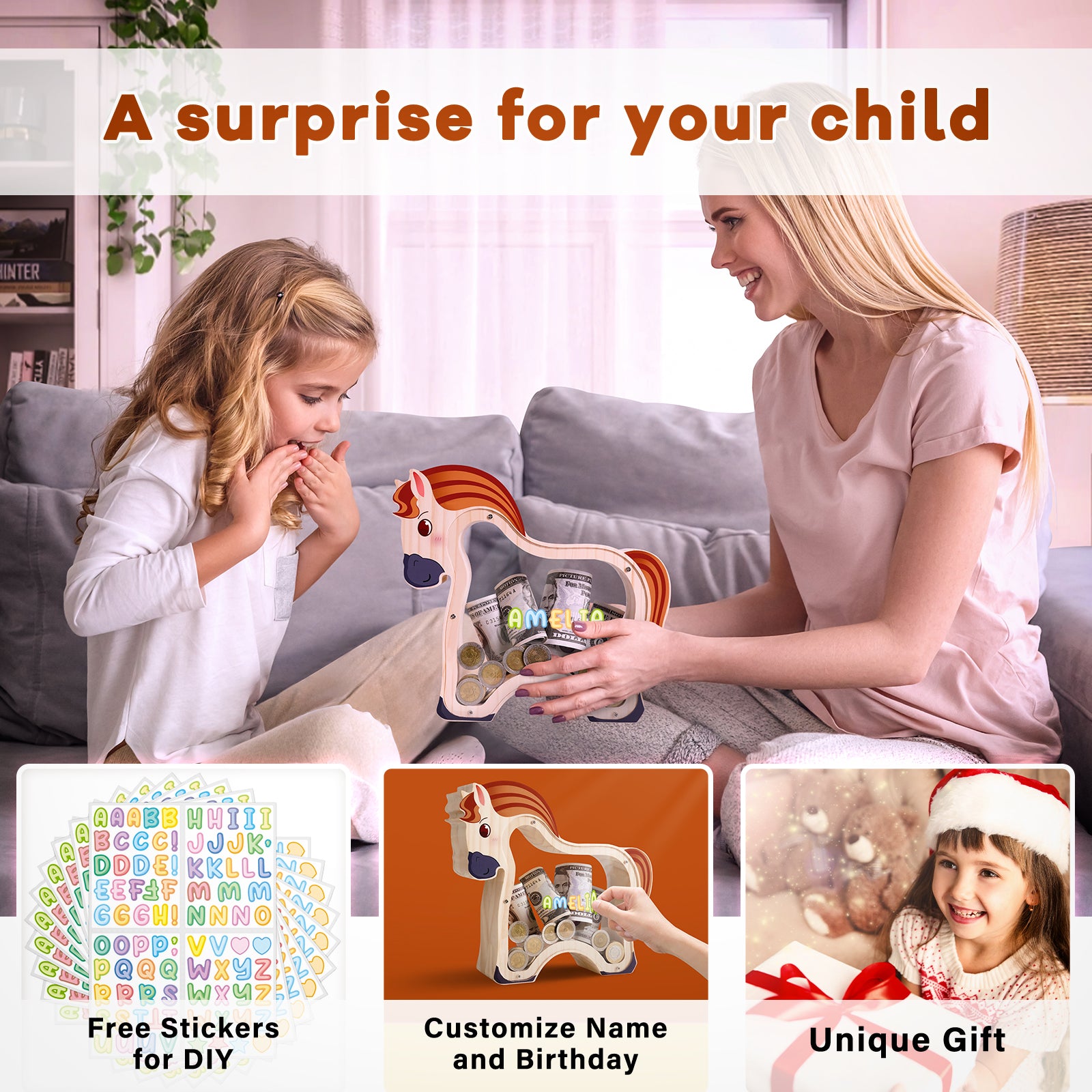 Wooden Horse Piggy Bank: Elegant Money Keeper & Decorative Gift