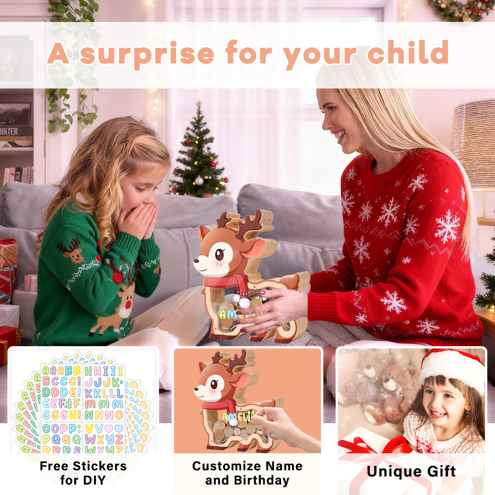 Wooden Reindeer Piggy Bank for Kids, Christmas Deer Money Bank for Boys Girls Toddler, Unbreakable Kids Money Box with Letter Sticker, Large Saving Coin Jar for Xmas Home Holiday Décor