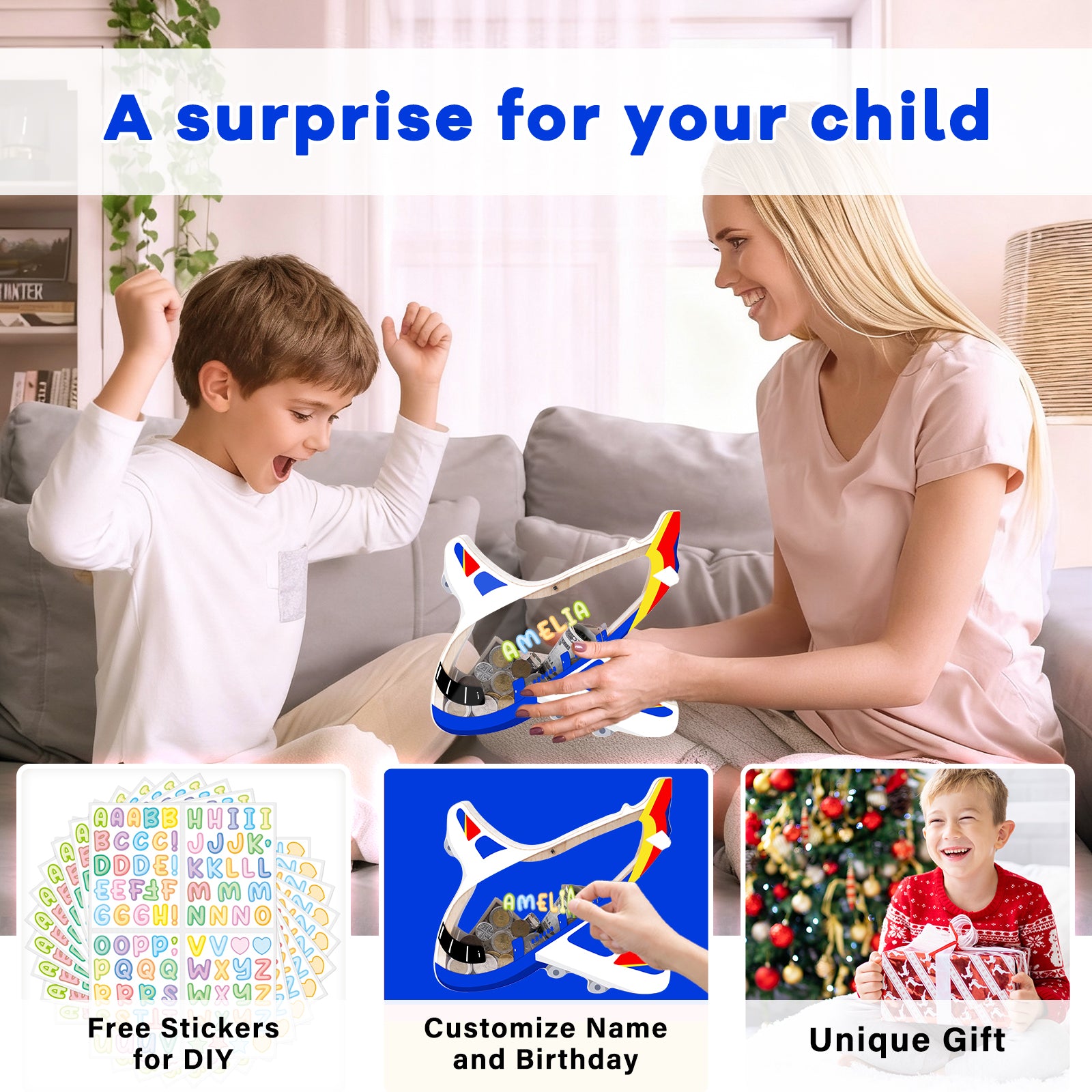 Airplane-Shaped Wooden Piggy Bank – Unique Coin & Cash Saver for Kids, Fun Savings Jar for Boys and Girls