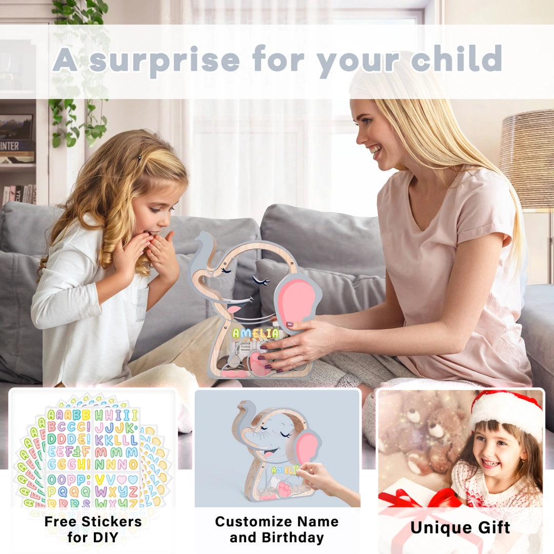 Wooden Elephant Piggy Bank for Kids, Unbreakable Money Box for Boys Girls, Toddler Money Bank with Letter Stickers, Christmas Birthday Gift, Educational Toy Money Jar