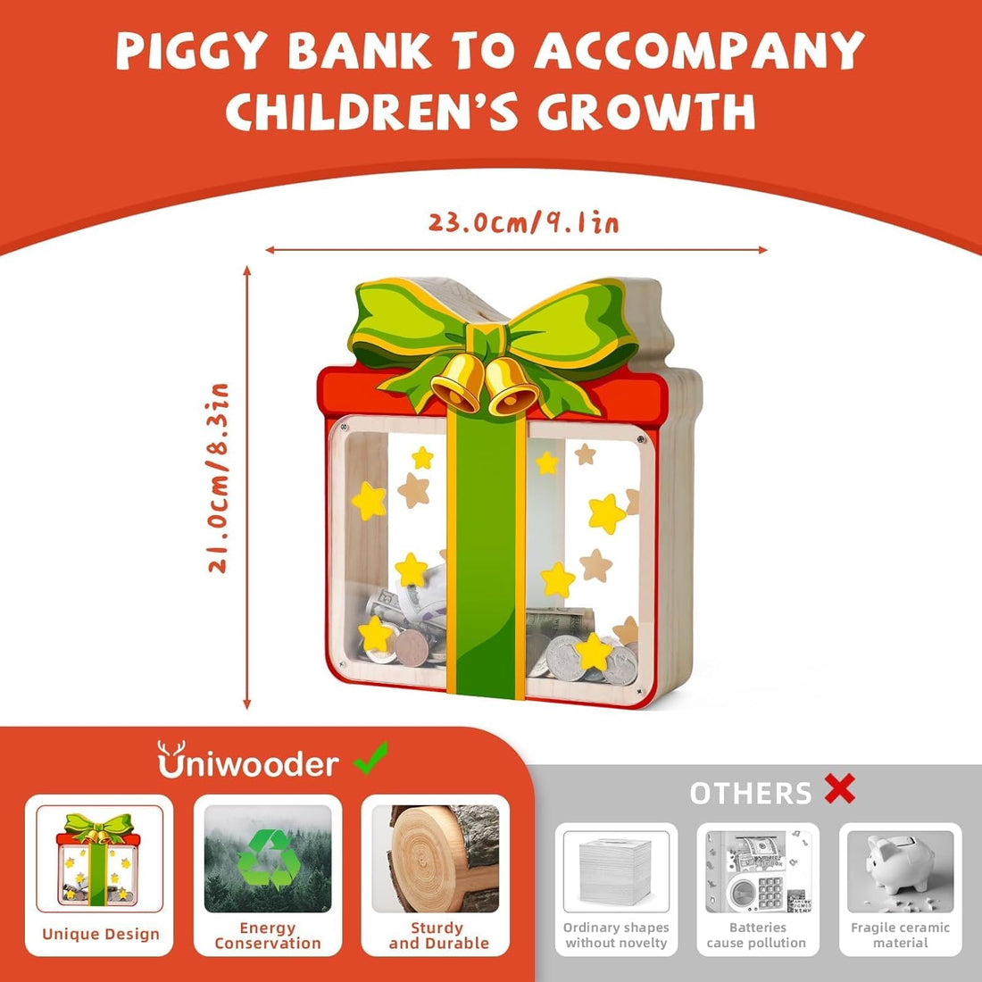 Wooden Christmas Piggy Bank for Kids, Gift Box Piggy Bank with Acrylic Panels
