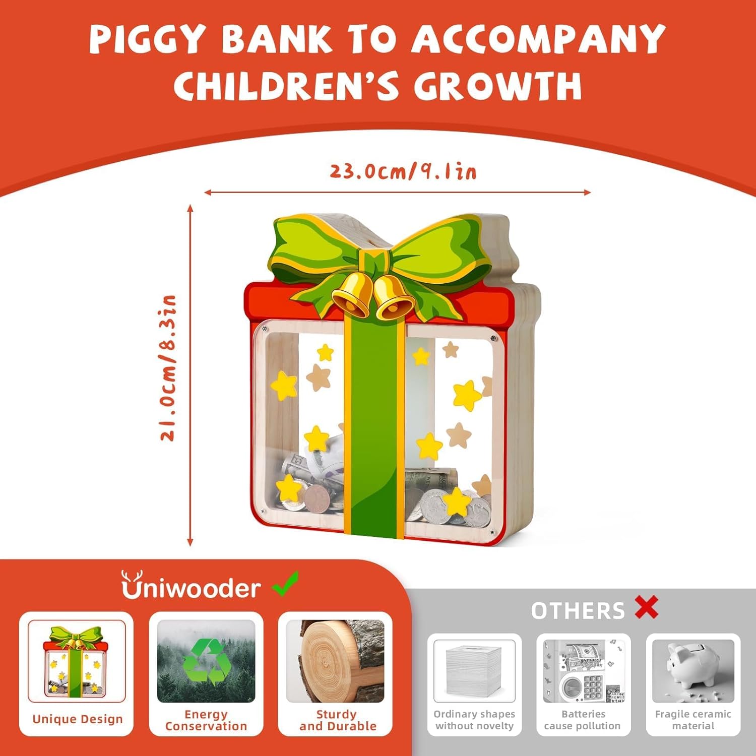 Wooden Christmas Piggy Bank for Kids, Gift Box Piggy Bank with Acrylic Panels