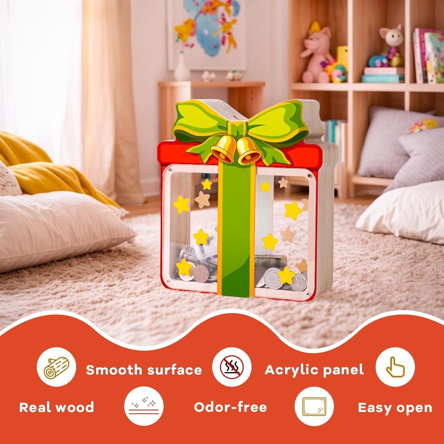 Wooden Christmas Piggy Bank for Kids, Gift Box Piggy Bank with Acrylic Panels