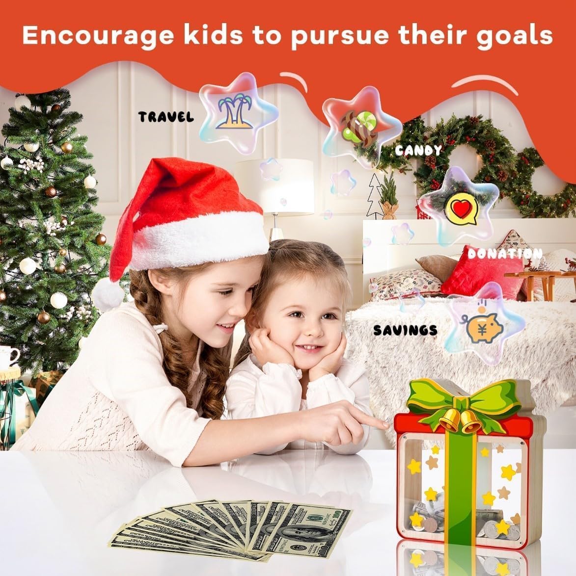 Wooden Christmas Piggy Bank for Kids, Gift Box Piggy Bank with Acrylic Panels
