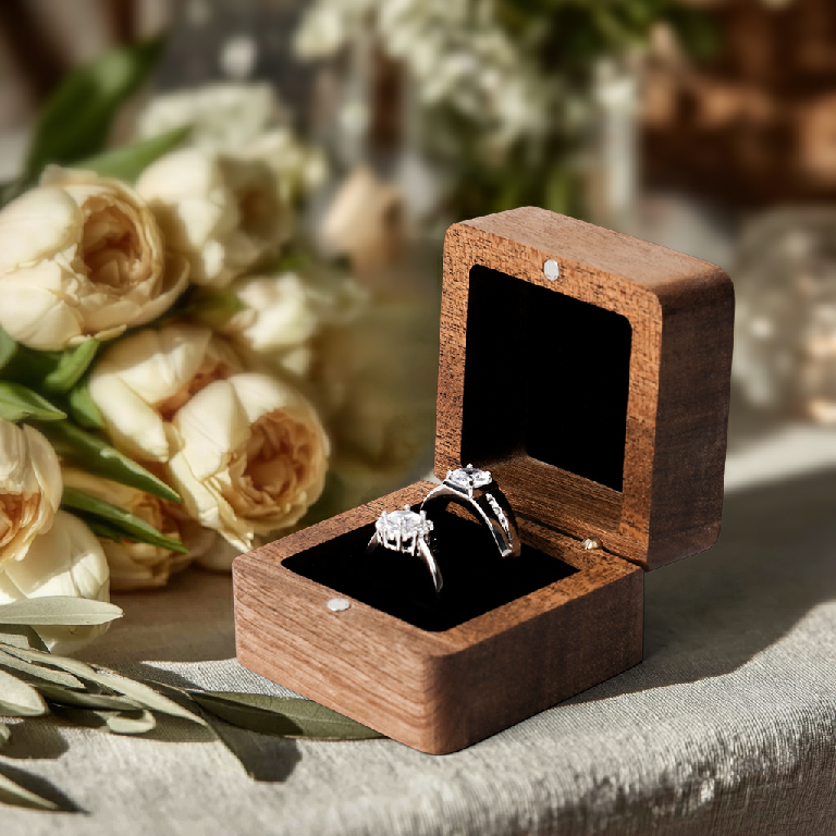 Classic Square Wooden Ring Box – Elegant Jewelry Gift Box for Engagement, Wedding & Proposal Storage