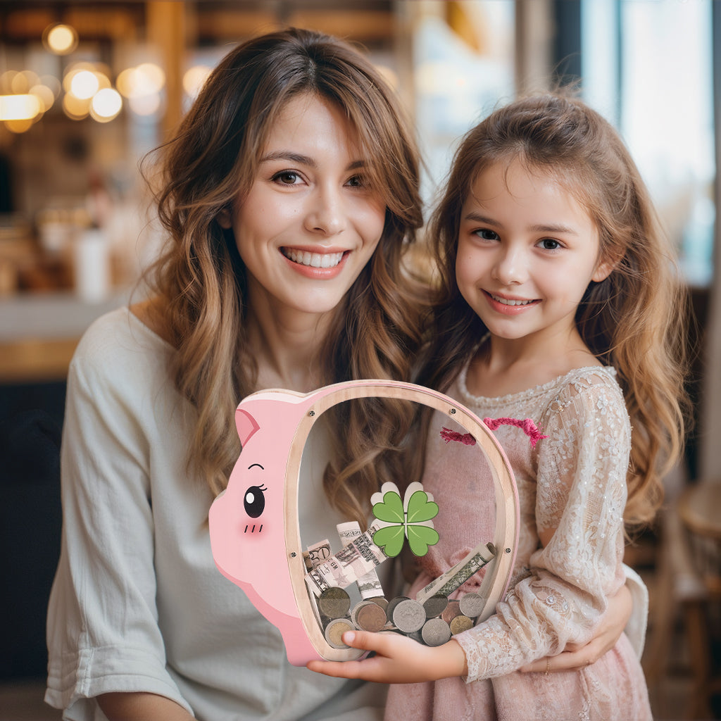 Wooden Piggy Bank - Classic Money Keeper with Modern Transparent Design