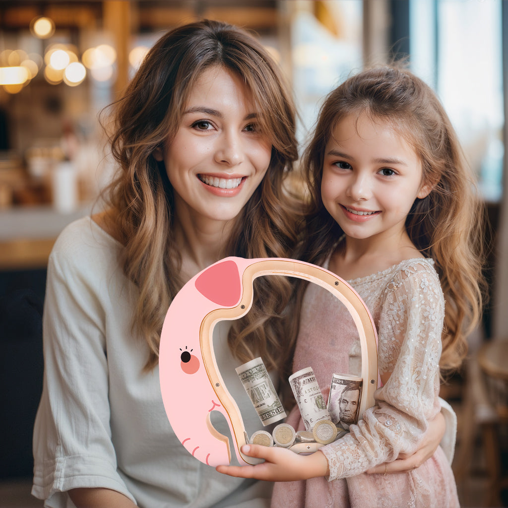 Wooden Elephant Piggy Bank - Adorable Dual-View Coin Keeper with Personalization Stickers