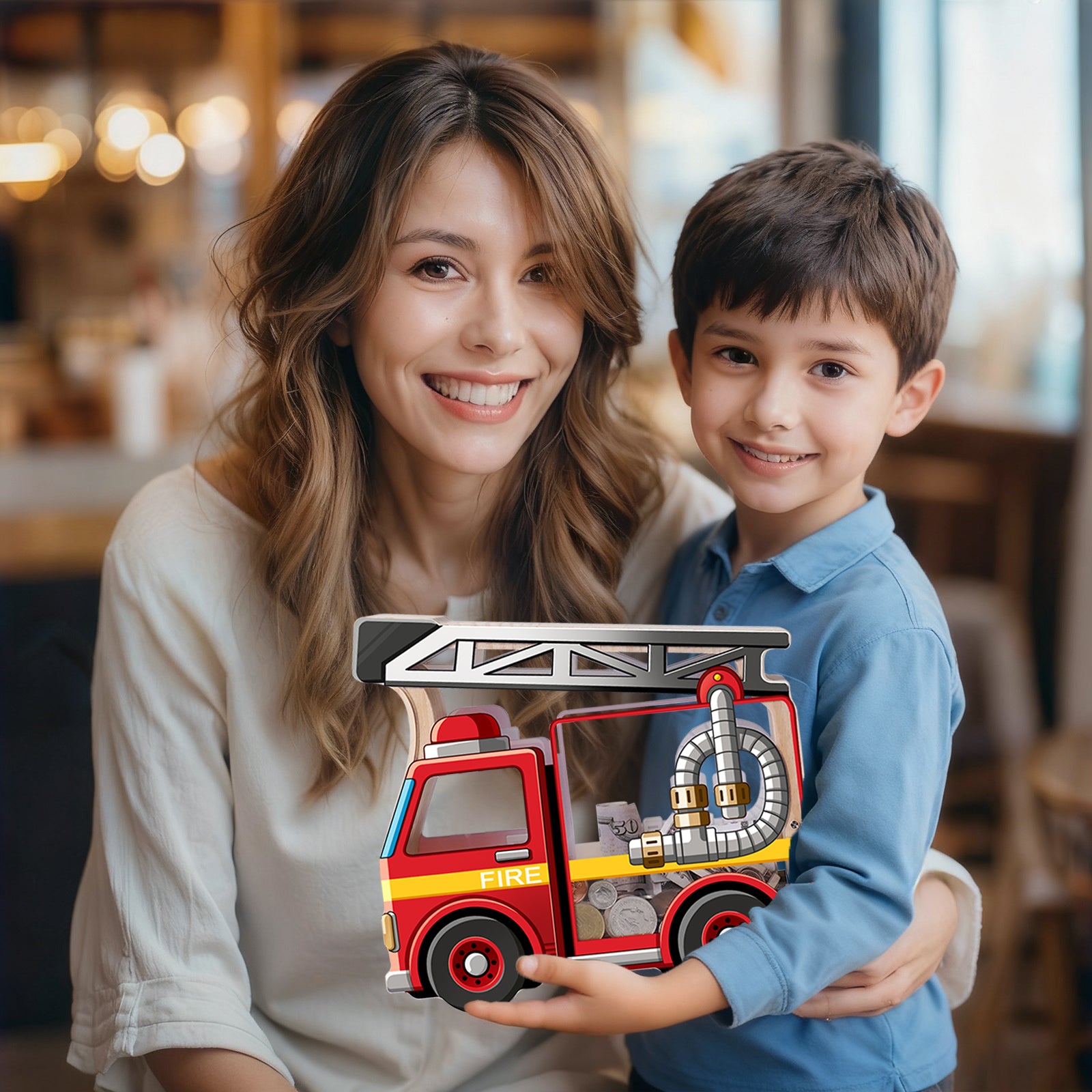 Wooden Piggy Bank for Kids, Fire Truck Piggy Bank with Acrylic Panels, Unbreakable Toddler Money Box for Boys and Girls, DIY Kids Safe Coin Box with Letter Sticker, Birthday Gift Visit the Uniwooder Store