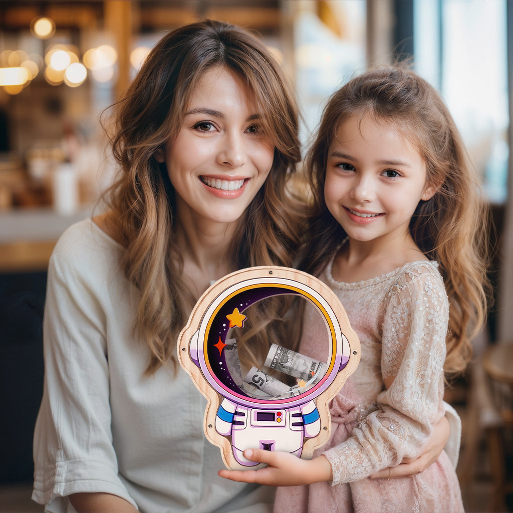 Wooden Astronaut Piggy Bank for Kids – Transparent Acrylic Money Box, Real Wood Space-Themed Coin Bank Gift