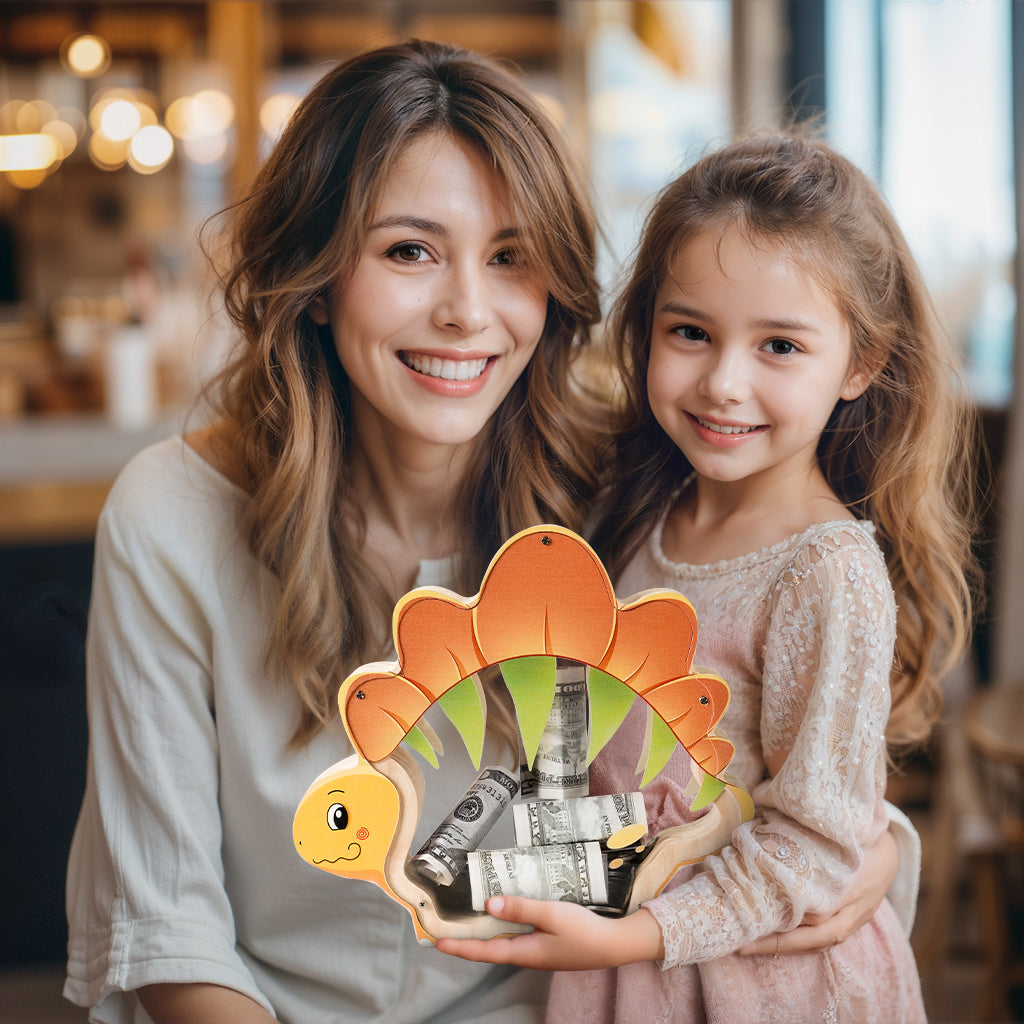 Wooden Stegosaurus Piggy Bank - Prehistoric Savings Fun with Personalization Stickers