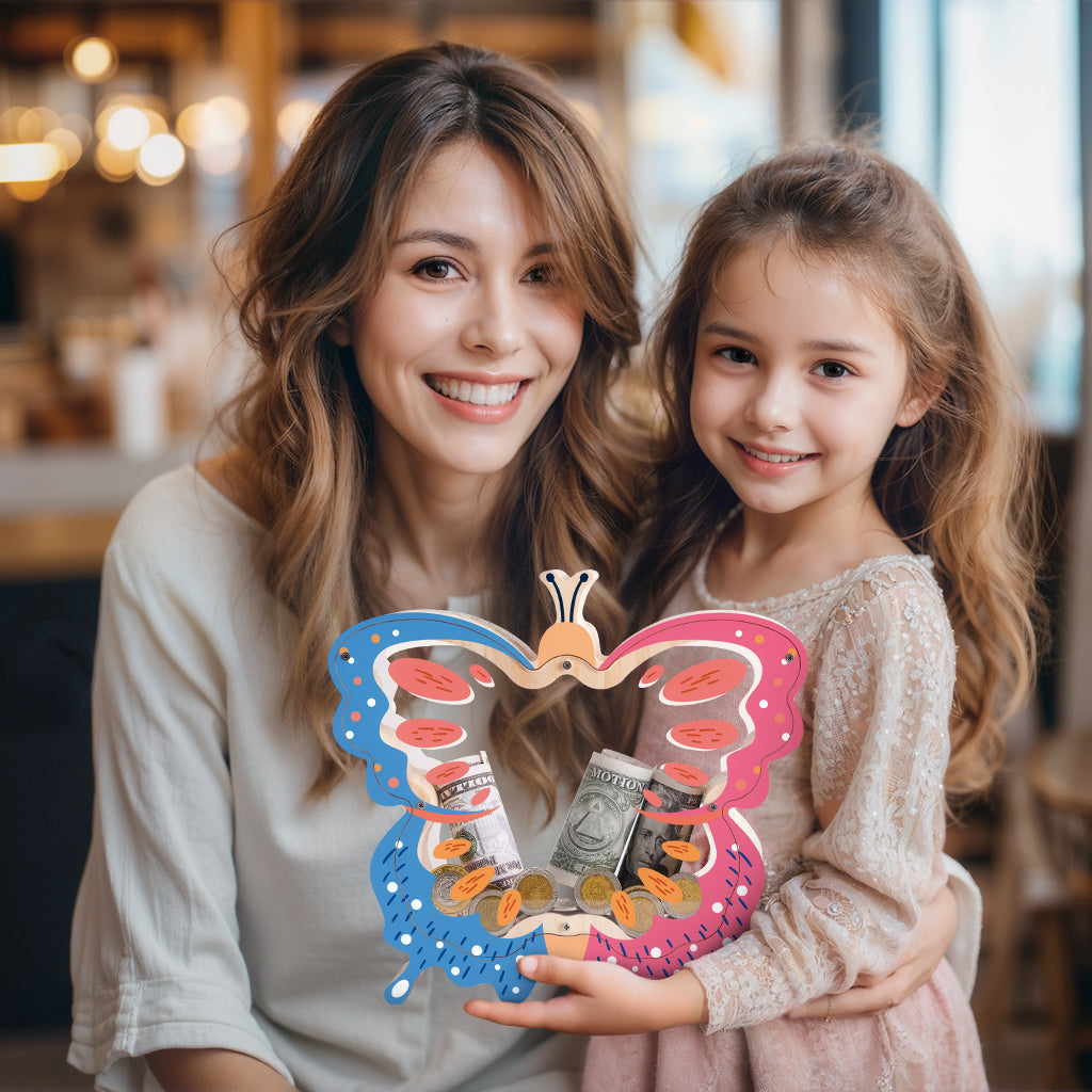 Butterfly Transparent Wooden Coin Bank – Double-Sided Acrylic Design, Whimsical Gift for Kids & Families