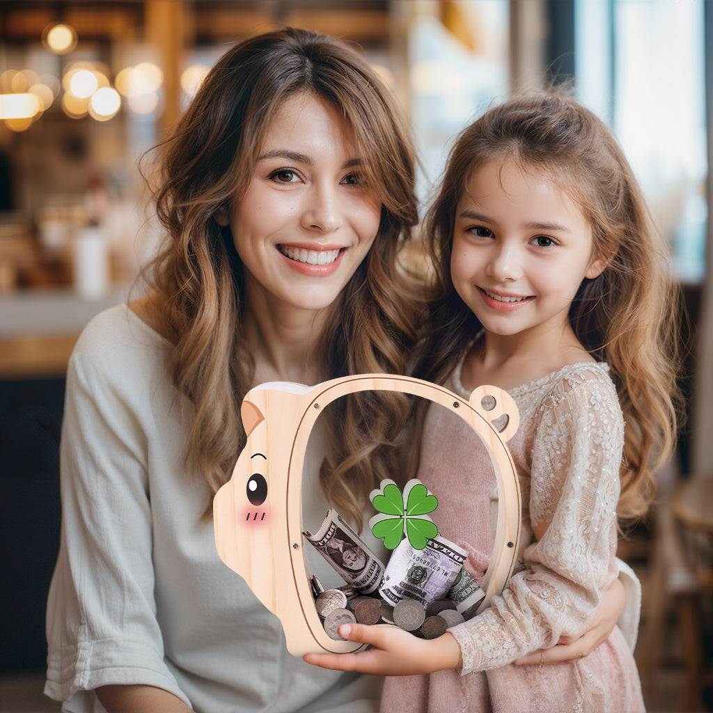 Wooden Piggy Bank - Classic Money Keeper with Modern Transparent Design