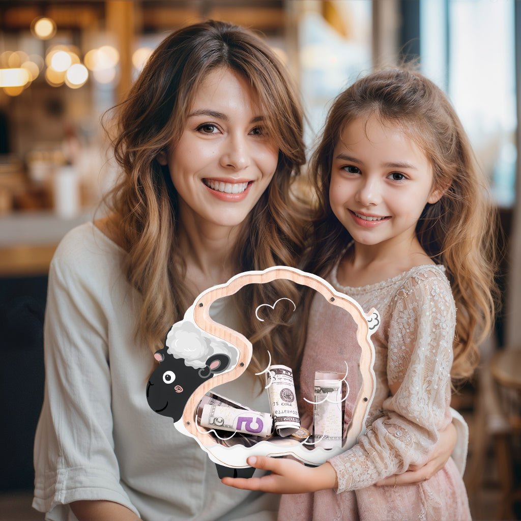 Double-Sided Clear Sheep Wooden Coin Bank – Cute & Educational Gift for Kids and Families