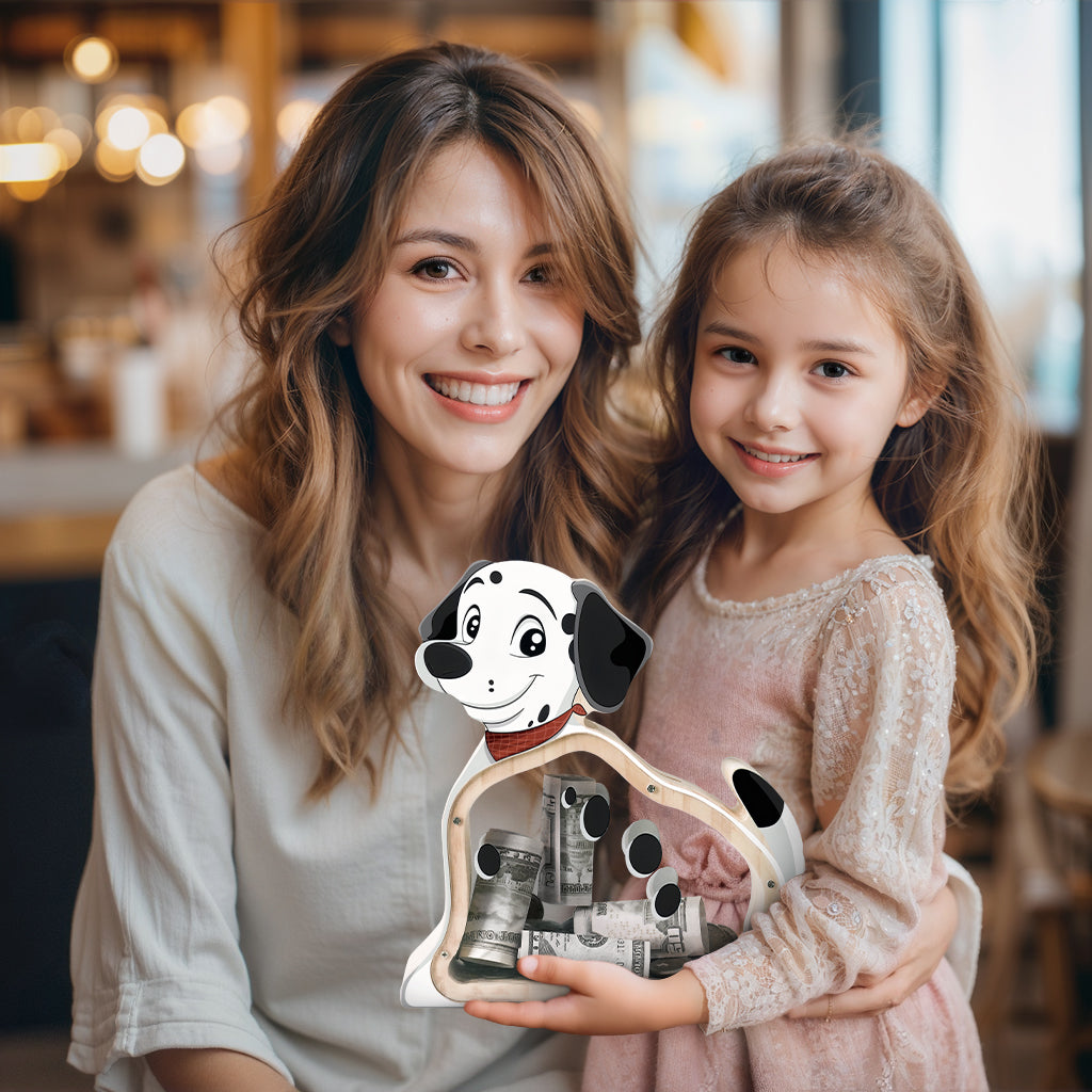 Wooden Dog Piggy Bank - Spotted Savings Fun with Personalization Stickers