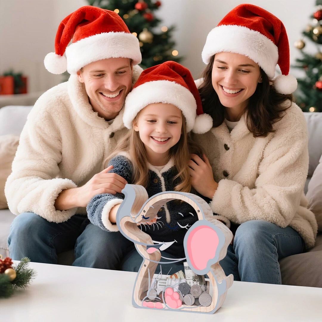 Wooden Elephant Piggy Bank for Kids, Unbreakable Money Box for Boys Girls, Toddler Money Bank with Letter Stickers, Christmas Birthday Gift, Educational Toy Money Jar