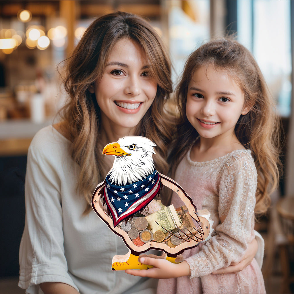 American Eagle Wooden Coin Bank – Patriotic Gift for Kids, Grandchildren, and Families