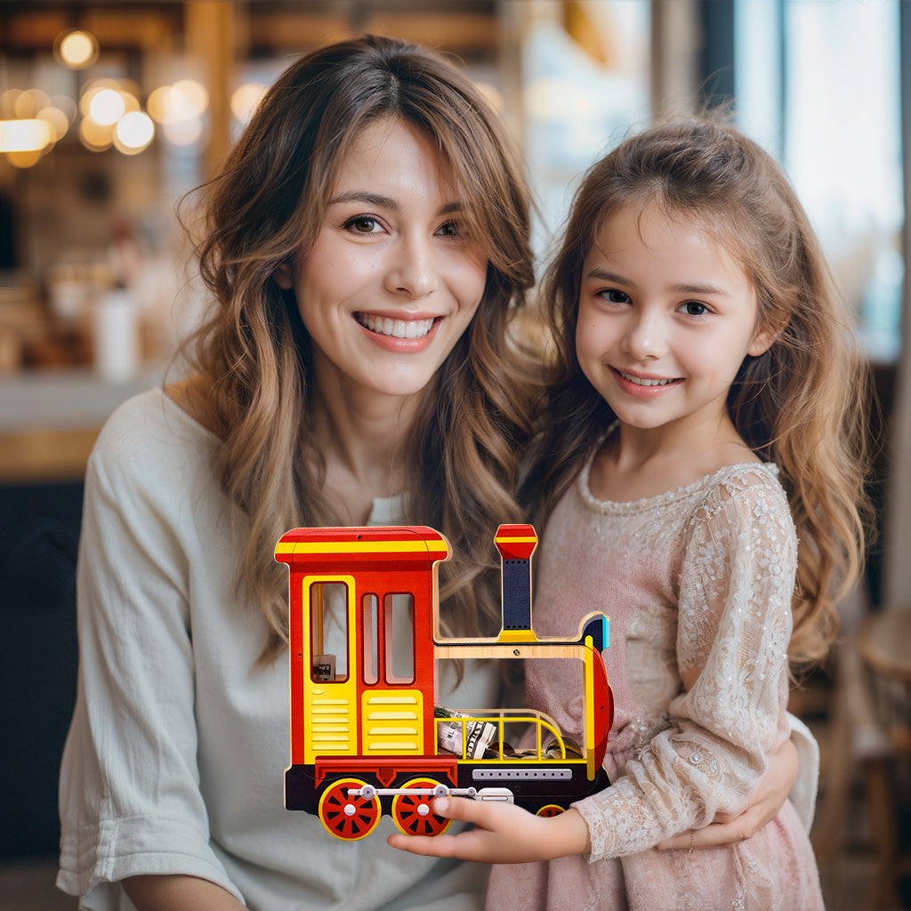 Wooden Locomotive Piggy Bank for Kids, Train Money Box with Acrylic Panels