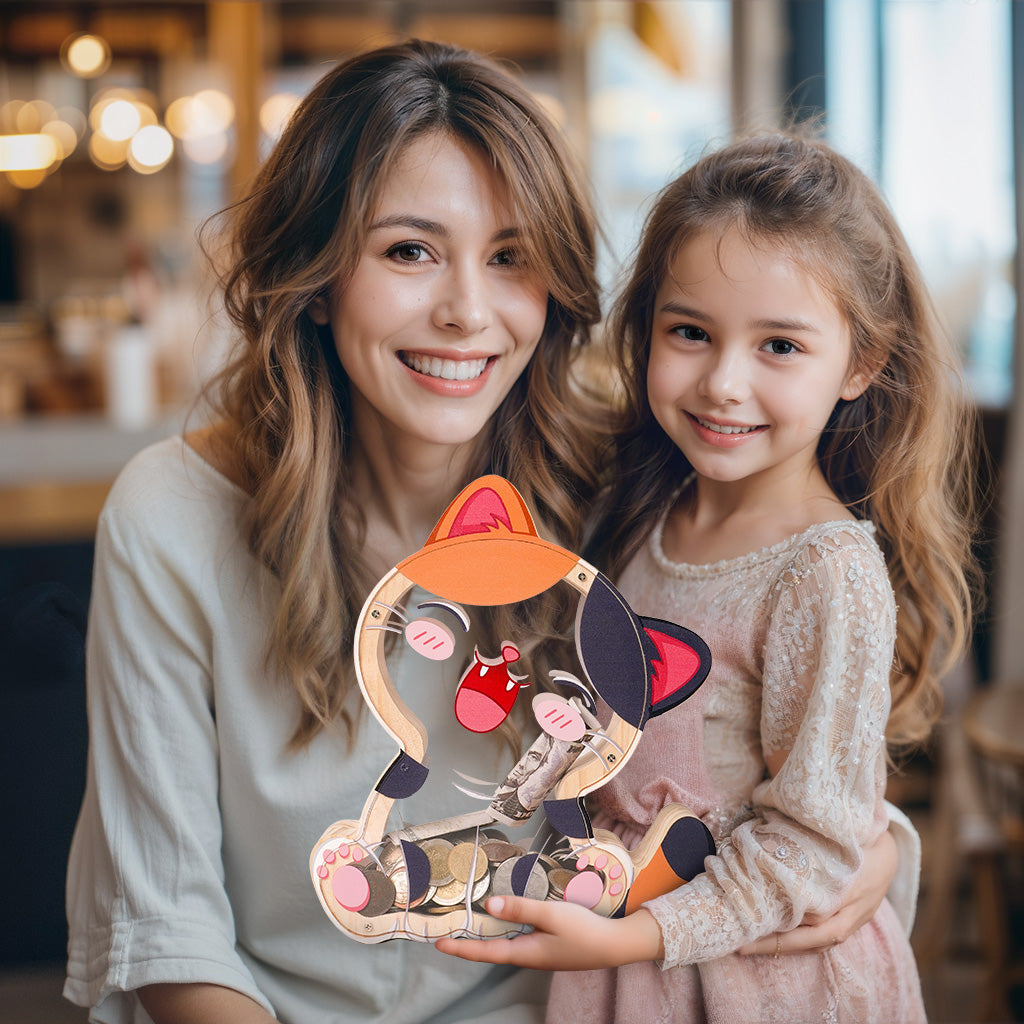 Wooden Cat Piggy Bank for Kids, Cute Money Box with Acrylic Panels, Unbreakable Toddler Saving Coin Jar for Boys Girls, Kids Coin Bank with Letter Sticker for Birthday, Christmas, Home Décor