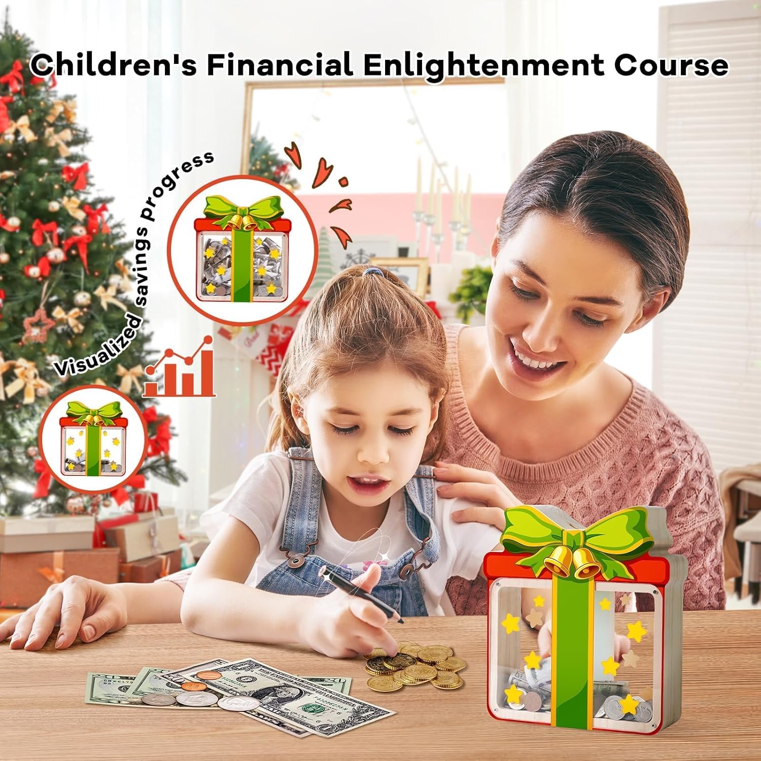 Wooden Christmas Piggy Bank for Kids, Gift Box Piggy Bank with Acrylic Panels